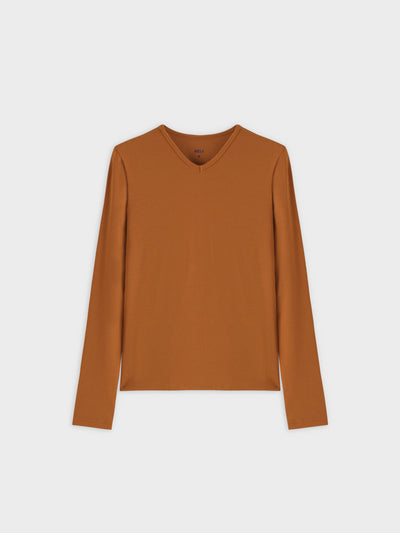 High V Ribbed Tee LS-Cognac