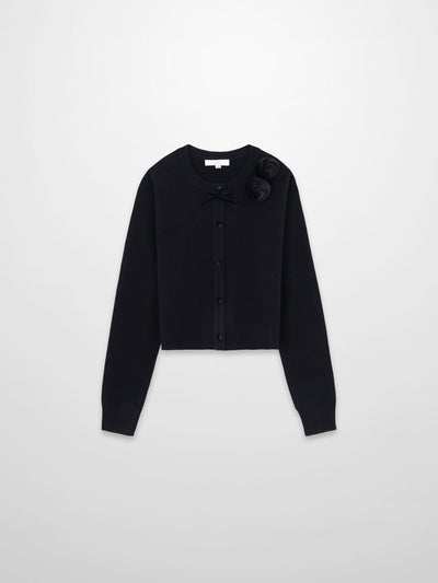 Velvet Detail Pointelle Crew Cardigan-Black/Black