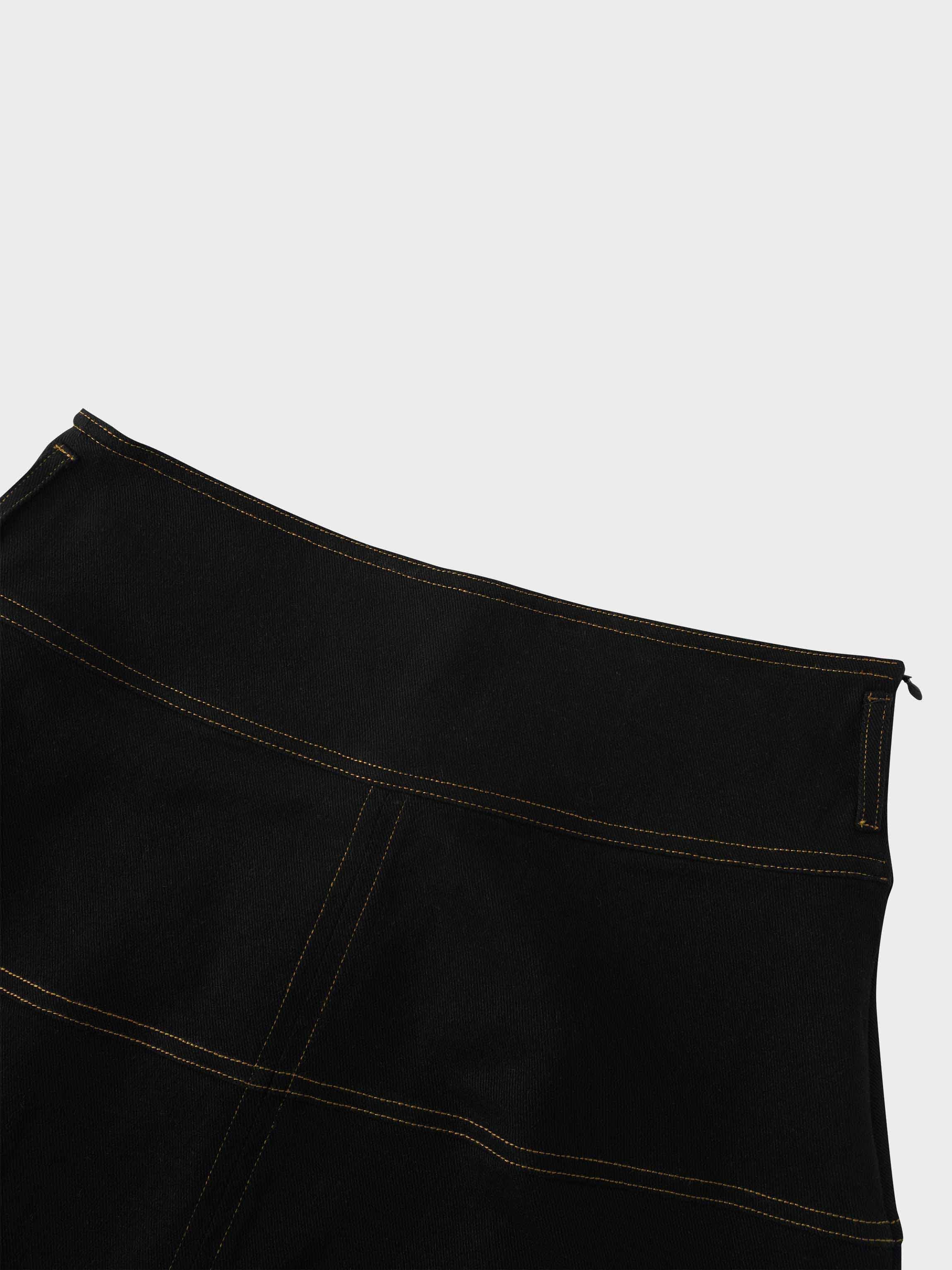 Stitched Tiered Belted Denim Skirt-Black