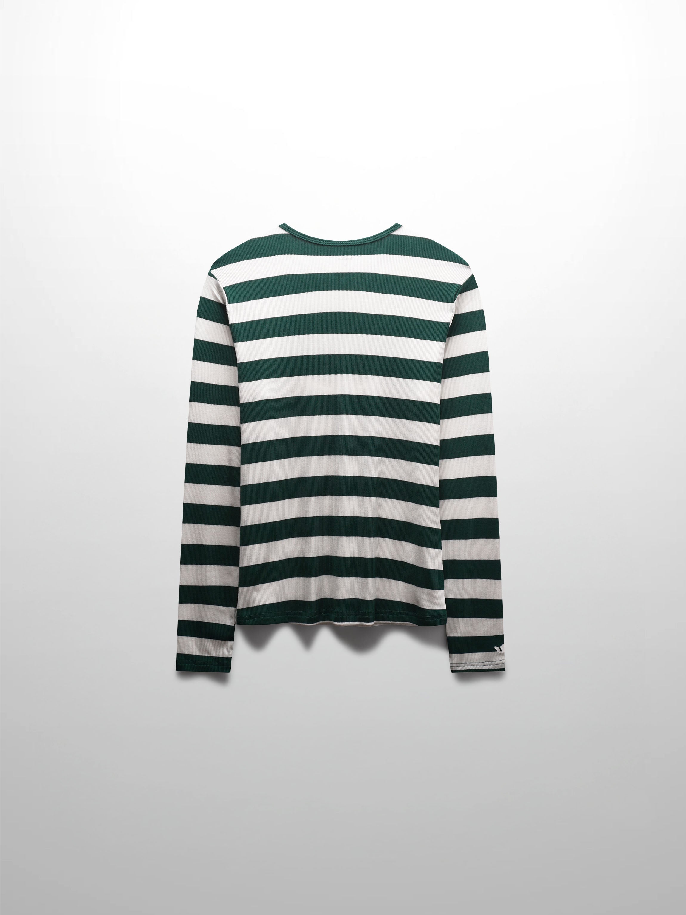 Ribbed Striped High V Tee Long Sleeve-Green/Ivory