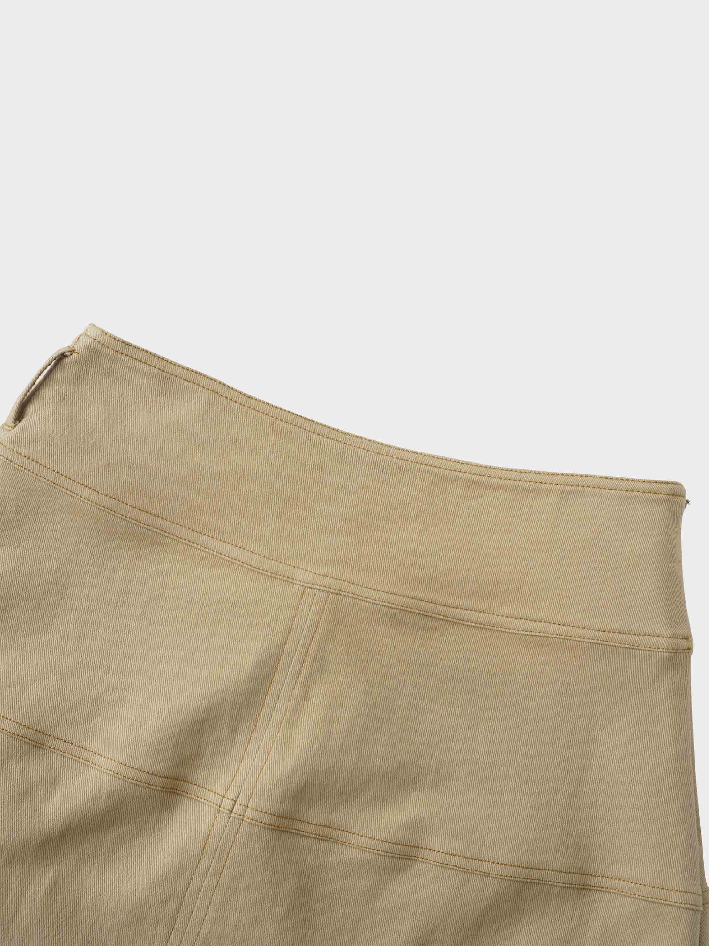 Stitched Tiered Belted Denim Skirt-Khaki