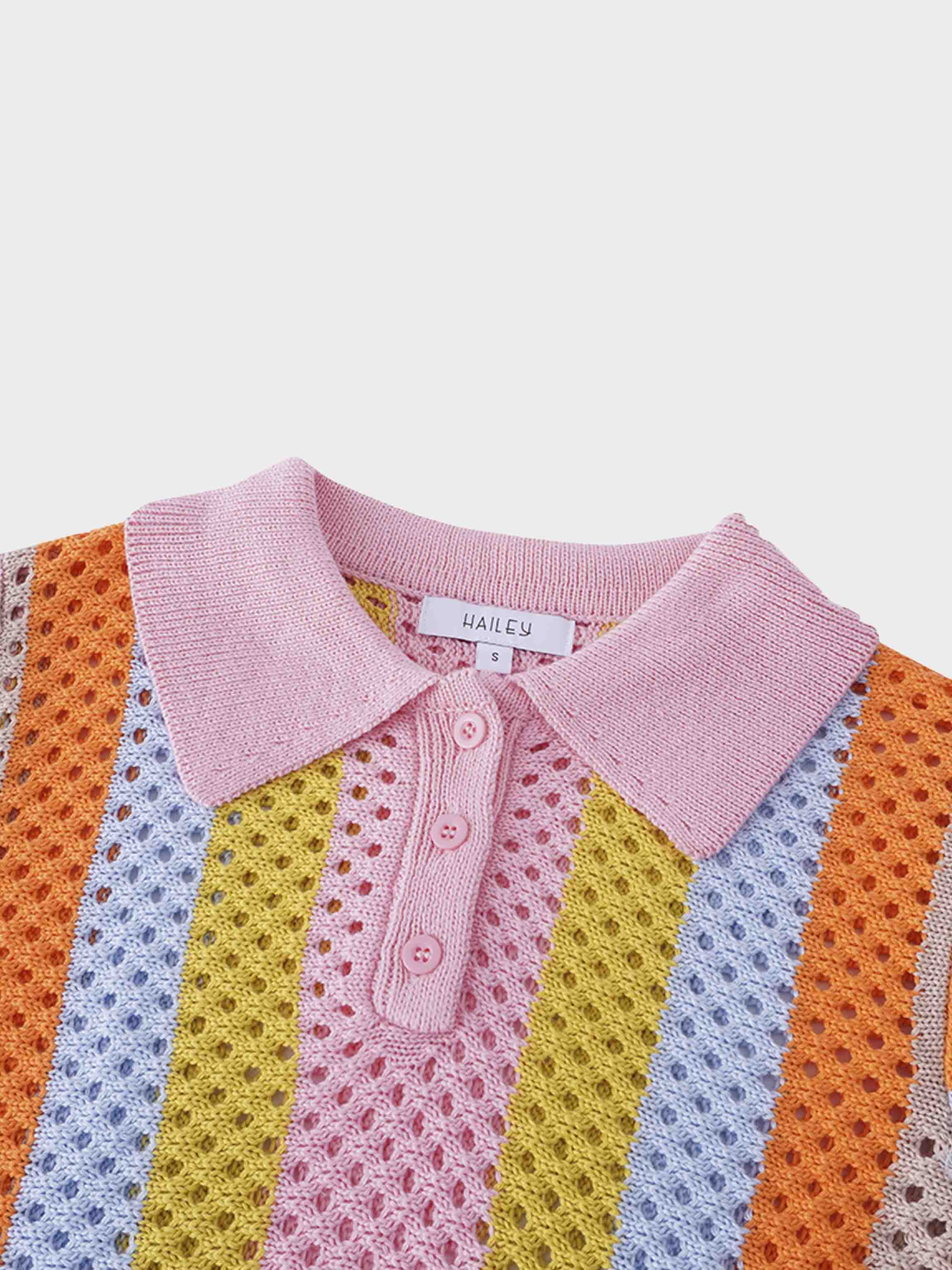 Mesh Striped Polo Sweater-Pink