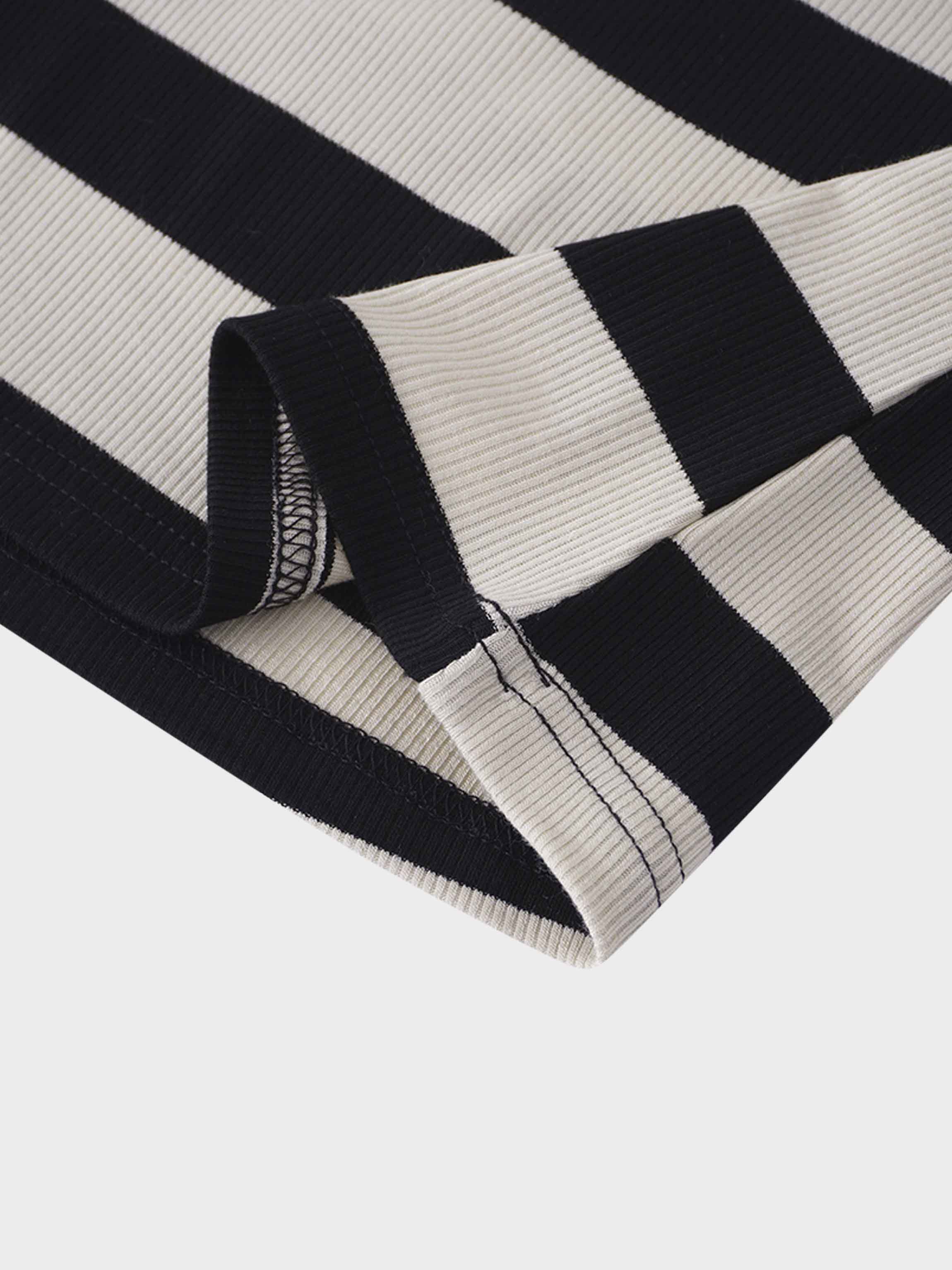 Ribbed Striped High V Tee Long Sleeve-Tan/Black