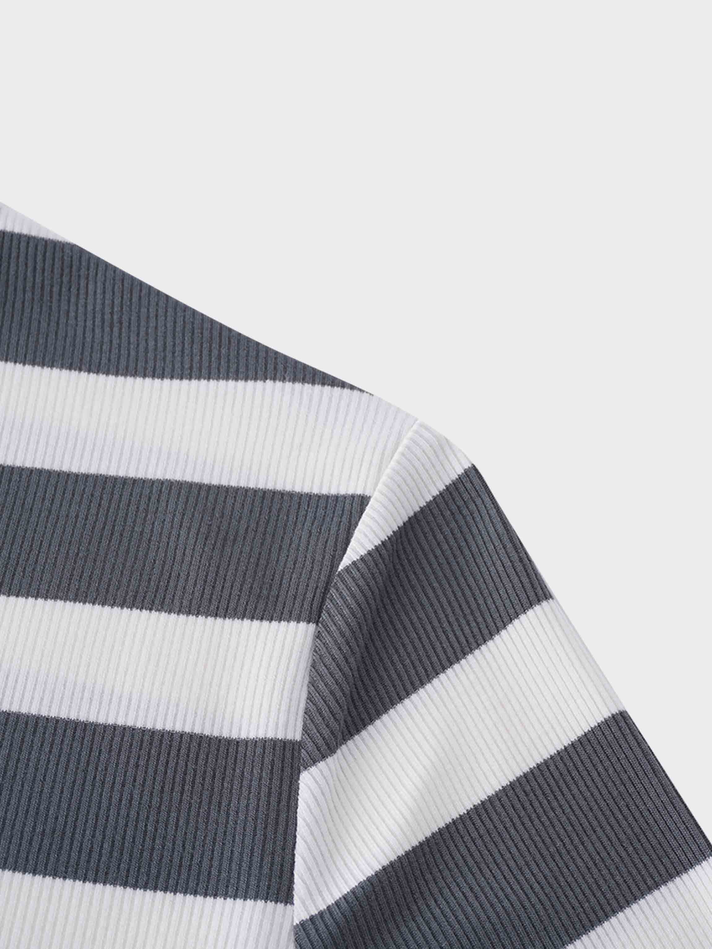 Ribbed Striped High V Tee Long Sleeve-Teal/Ivory