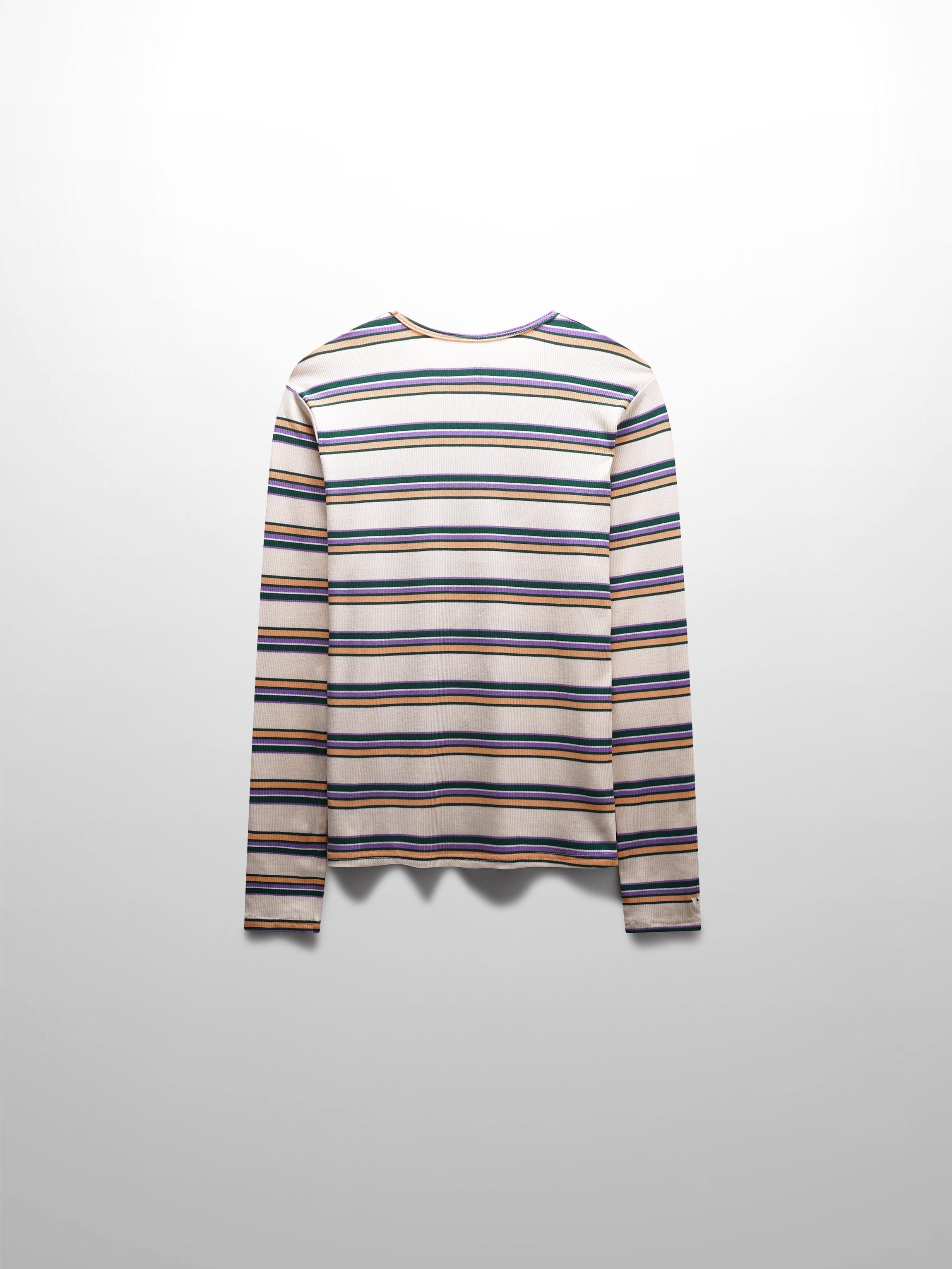Ribbed Striped High V Tee Long Sleeve-Peach/Green