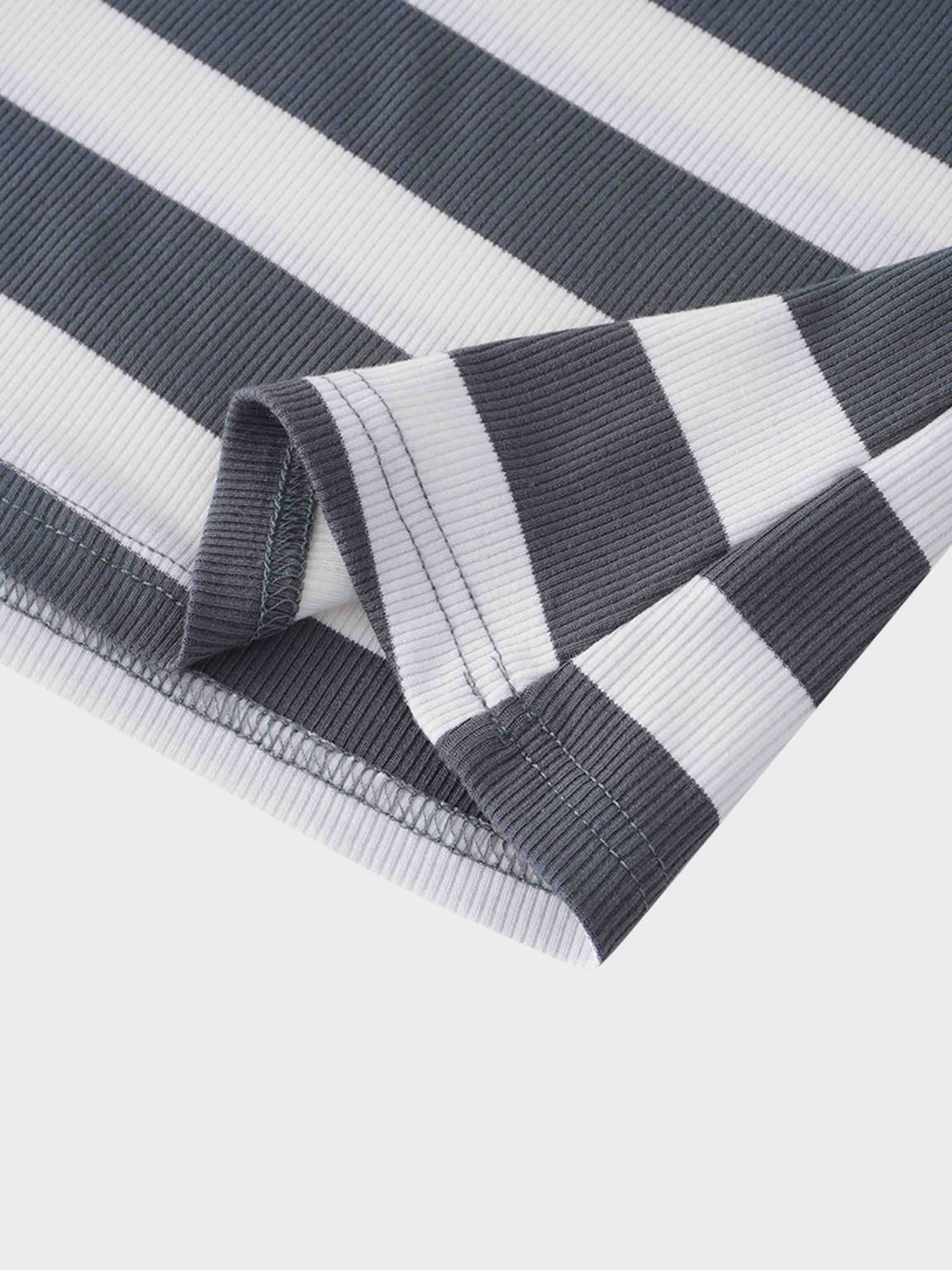 Ribbed Striped High V Tee Long Sleeve-Teal/Ivory