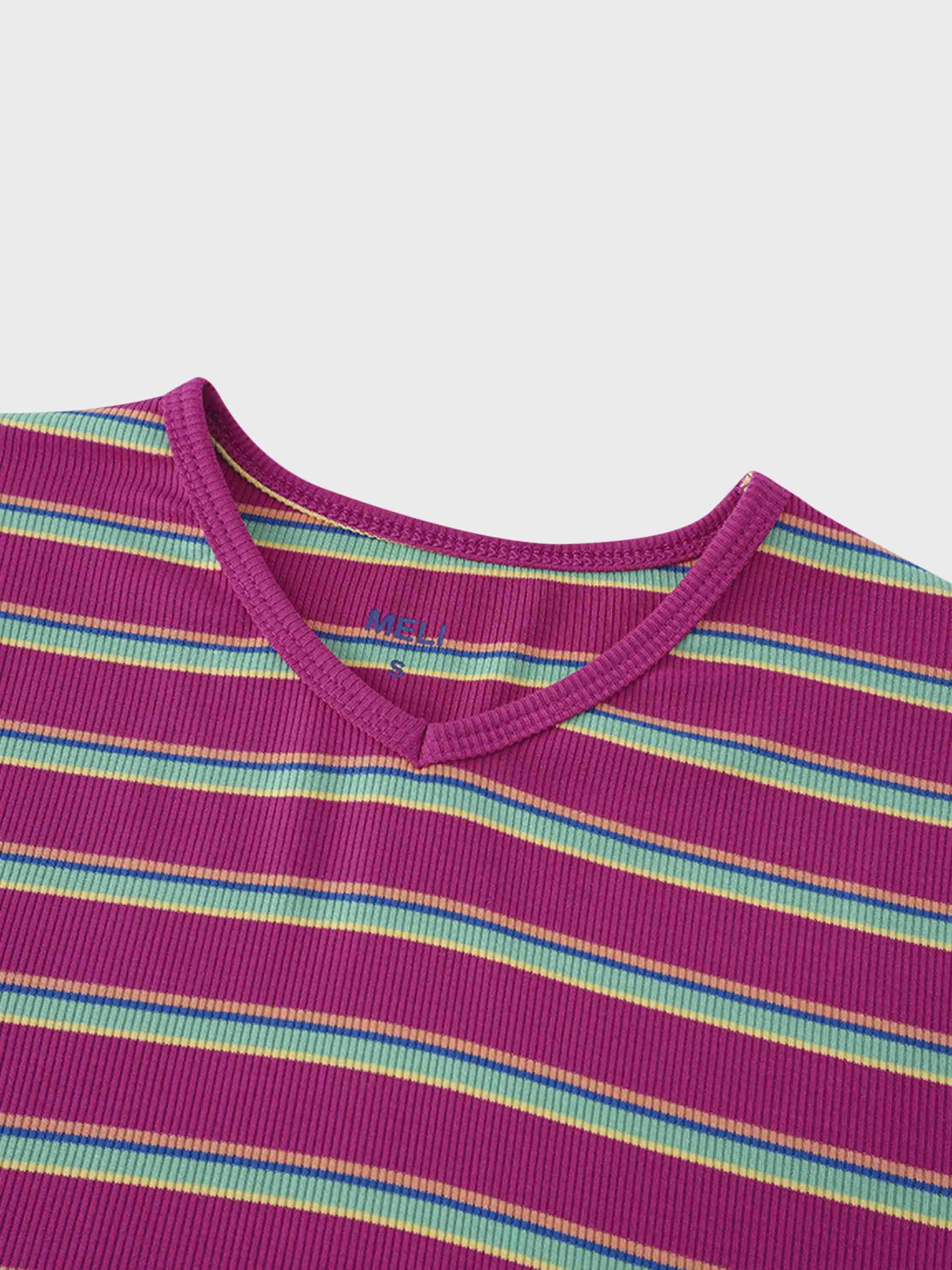 Ribbed Striped High V Tee Long Sleeve-Hot Pink