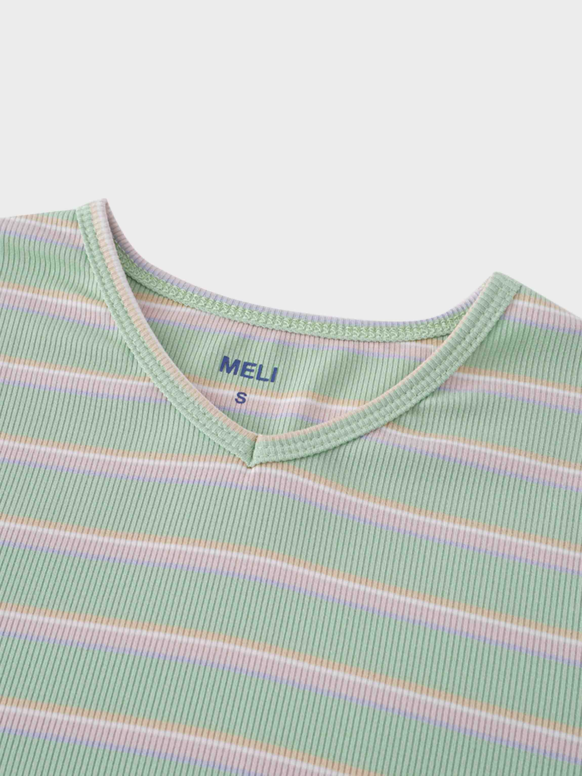 Ribbed Striped High V Tee Long Sleeve-Mint/Pink