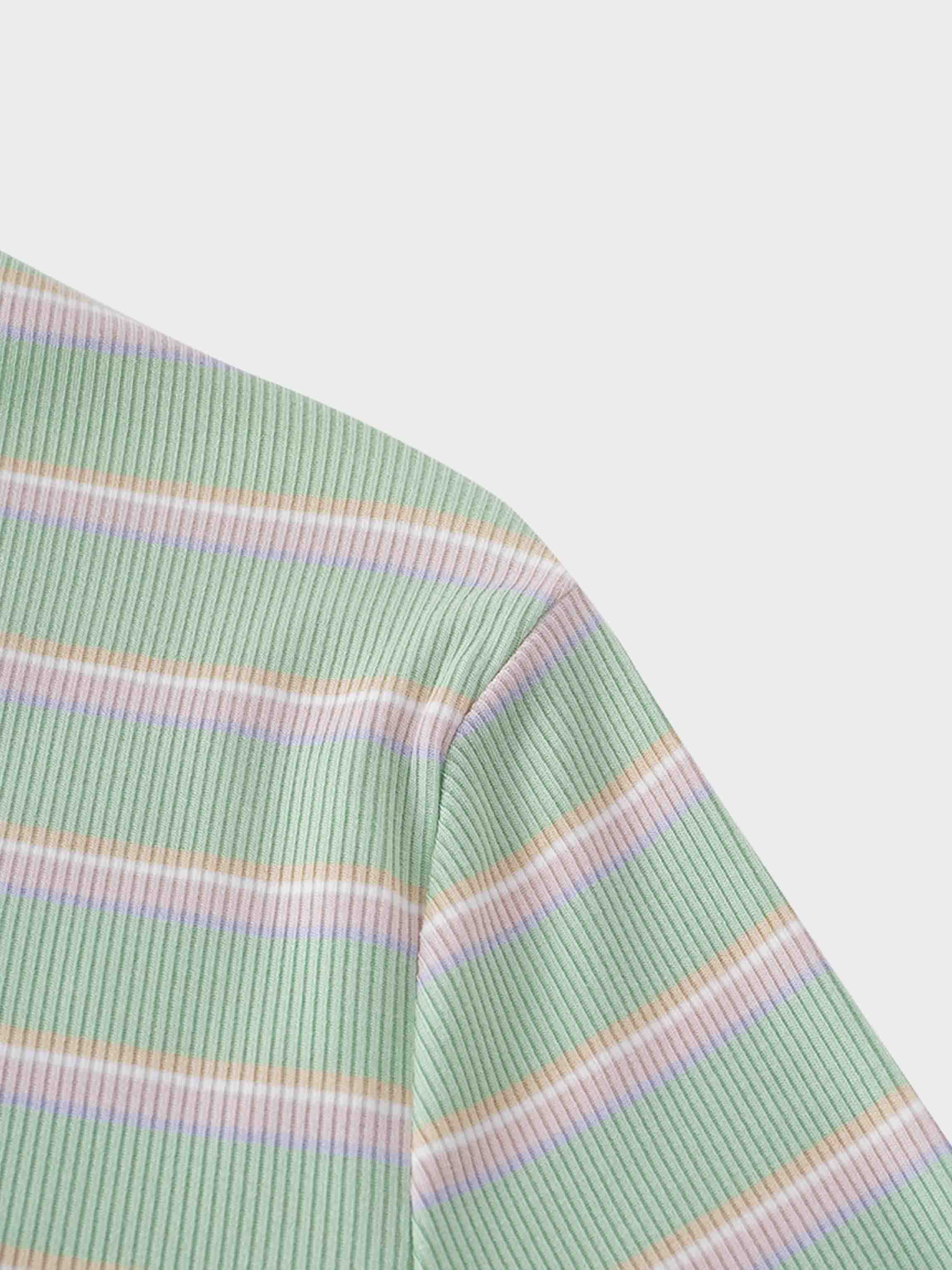 Ribbed Striped High V Tee Long Sleeve-Mint/Pink