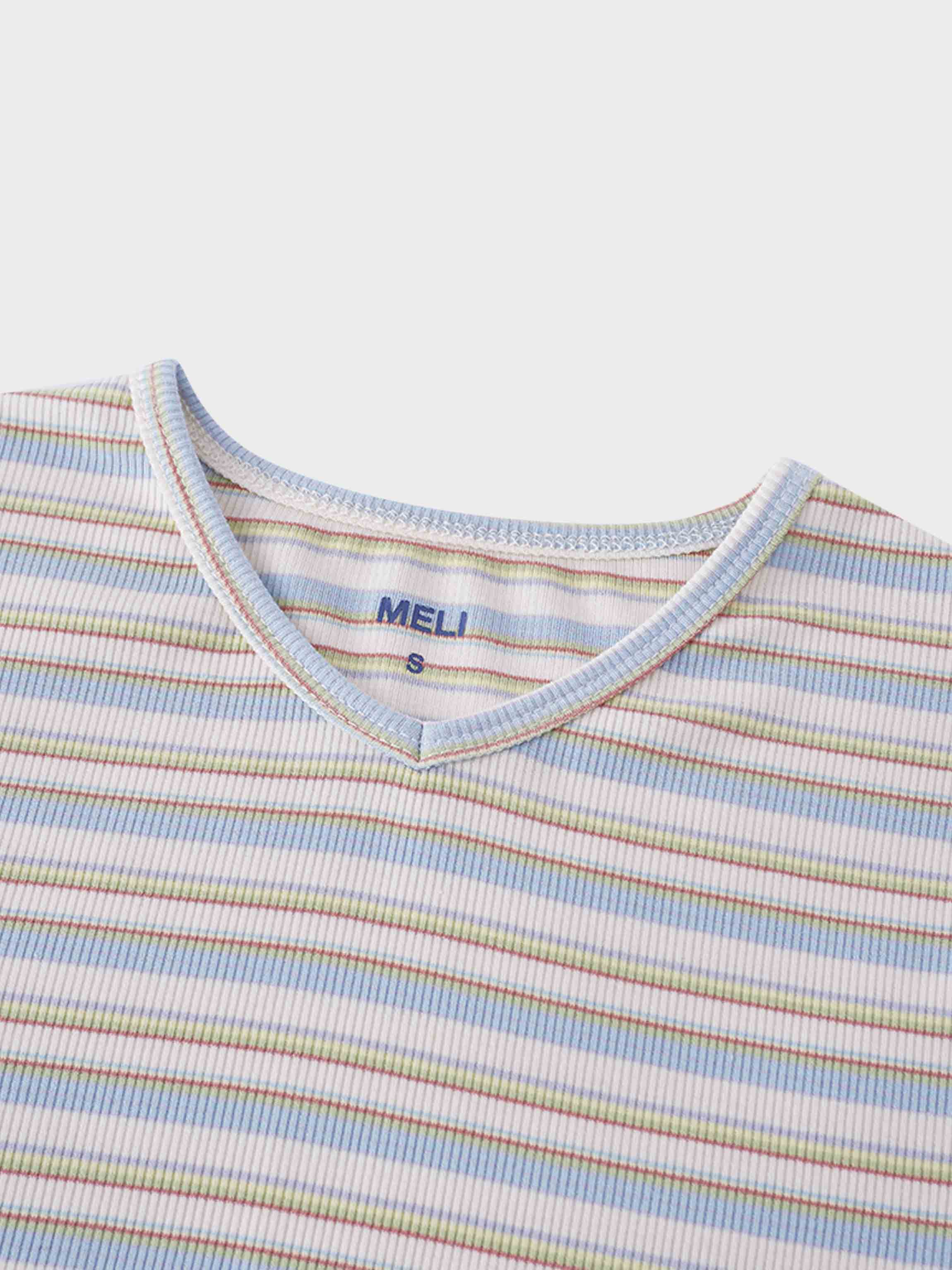 Ribbed Striped High V Tee Long Sleeve-Ivory/Light Blue