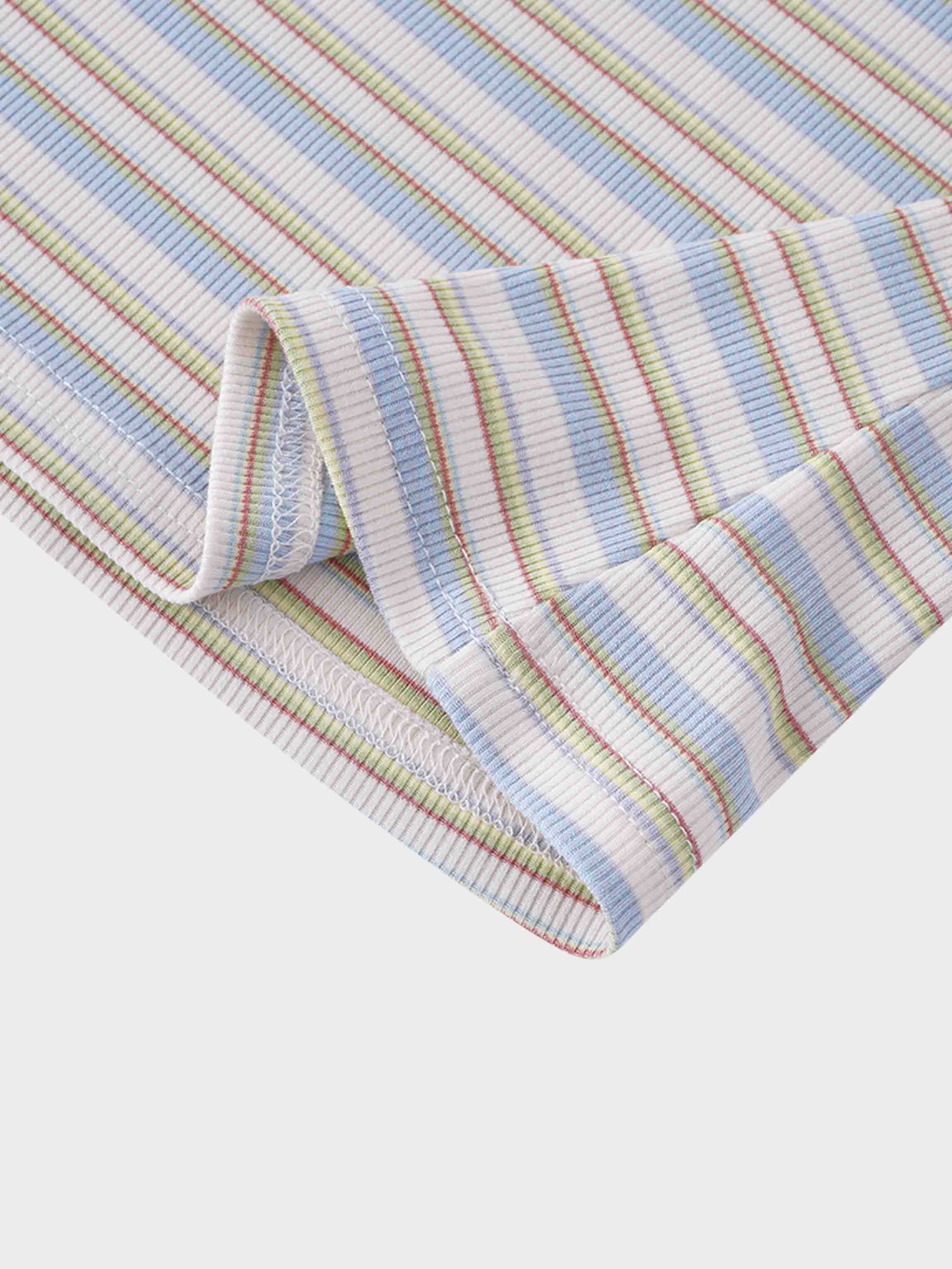 Ribbed Striped High V Tee Long Sleeve-Ivory/Light Blue