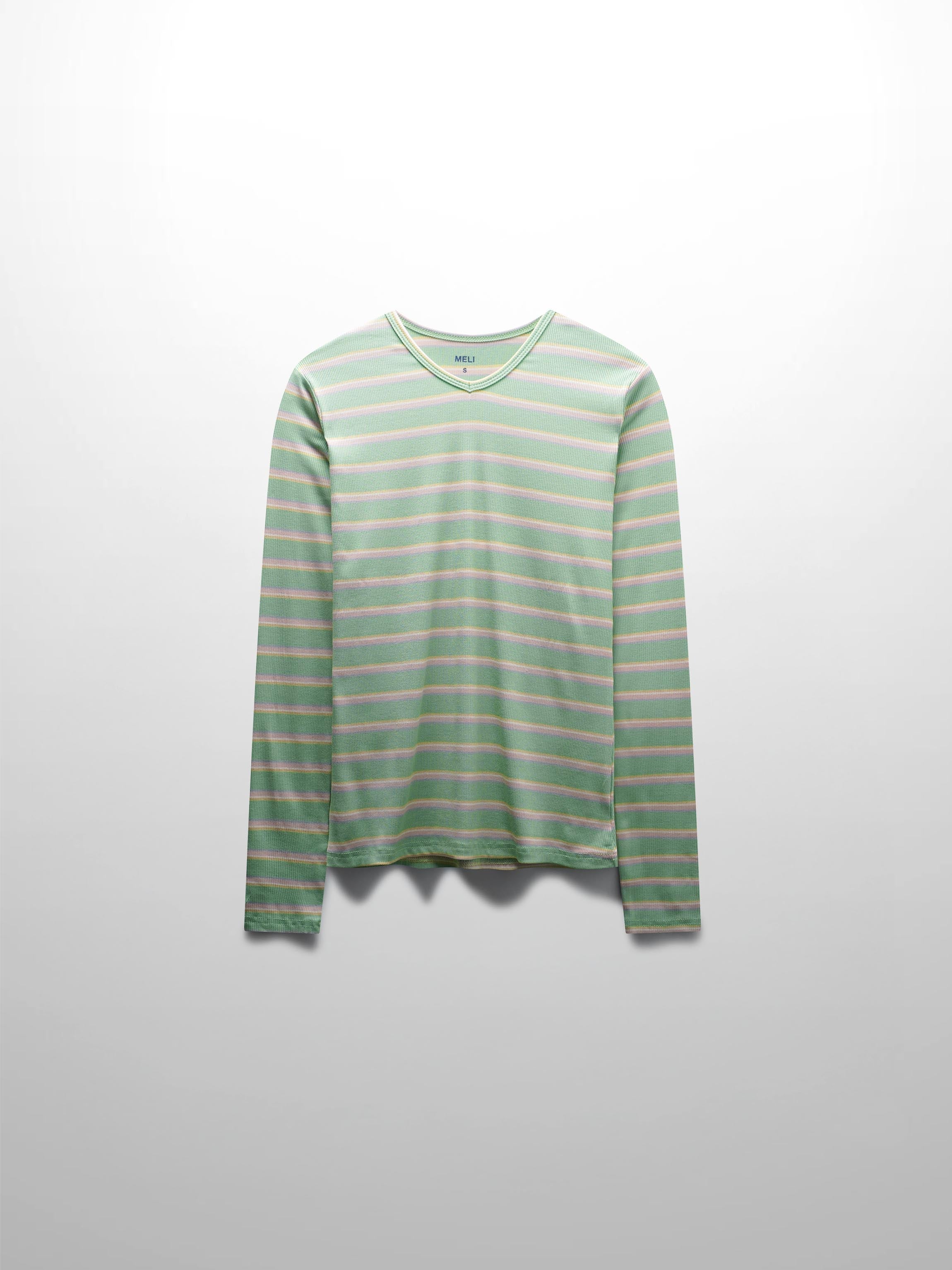 Ribbed Striped High V Tee Long Sleeve-Mint/Pink