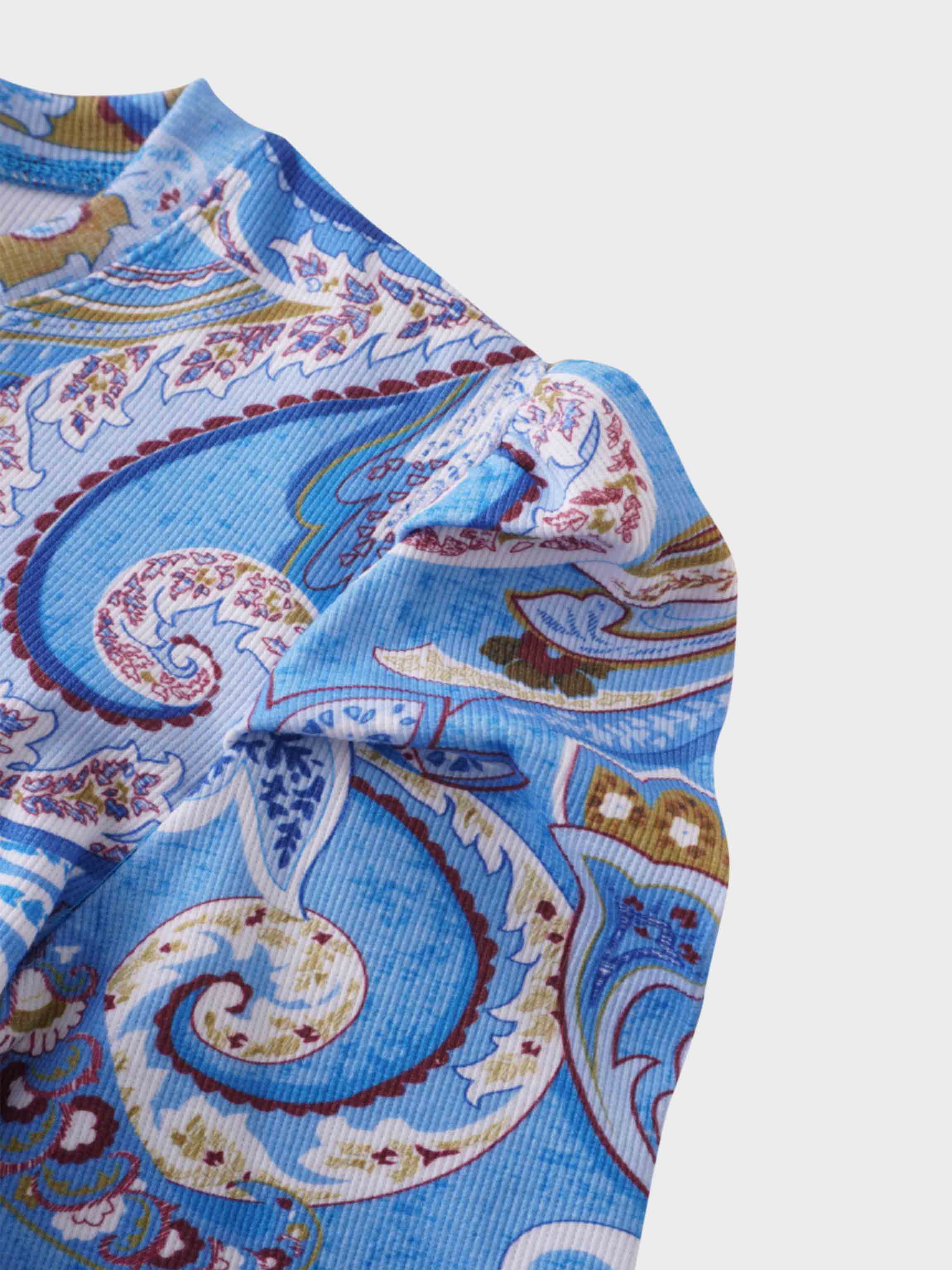 Ribbed Crew Neck Puff Sleeve Top-Light Blue Paisley