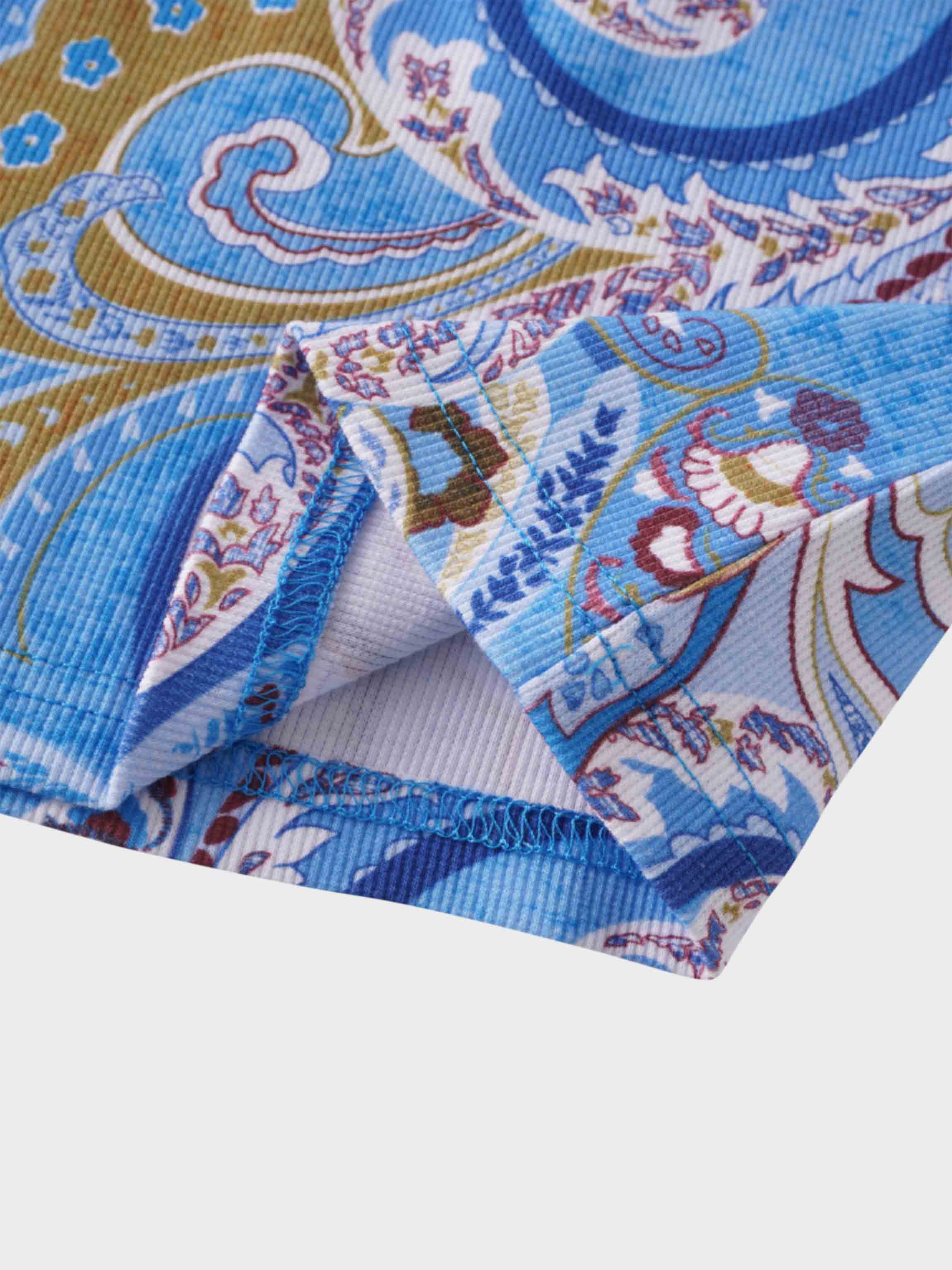 Ribbed Crew Neck Puff Sleeve Top-Light Blue Paisley