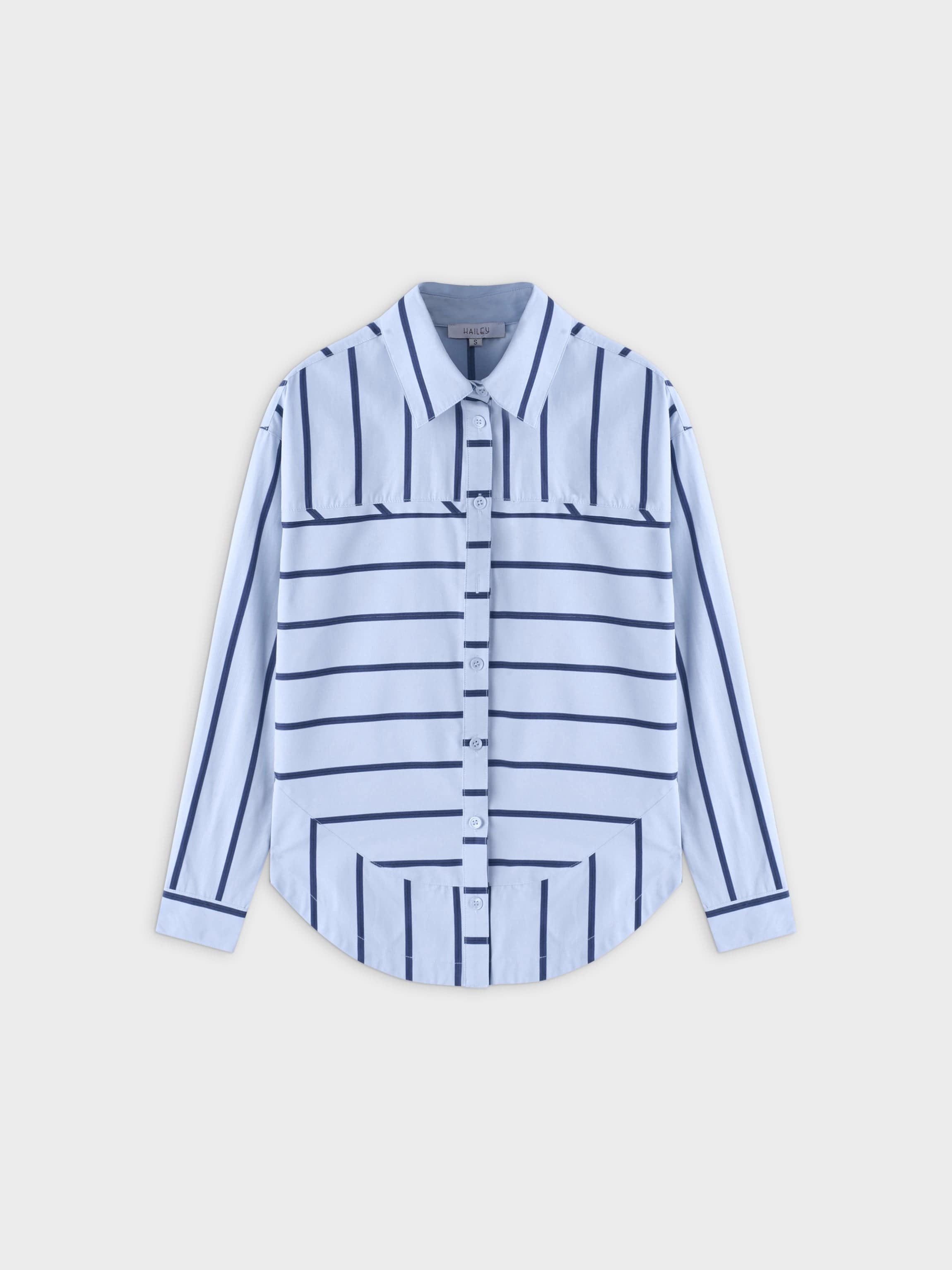 Rounded Hem Button Down Shirt-Light Blue/Navy