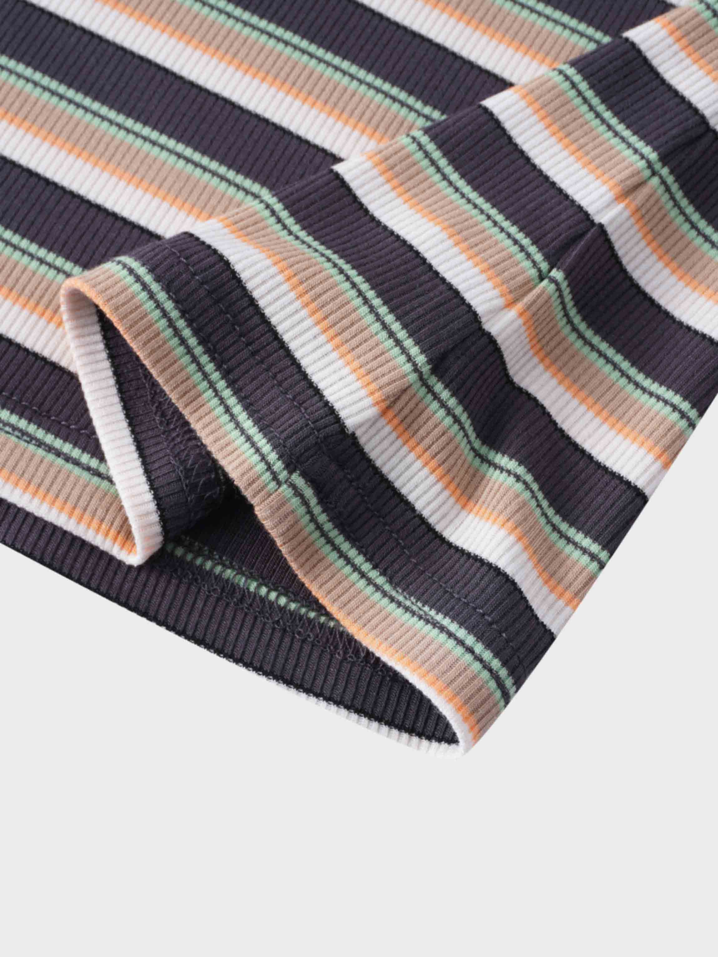 Ribbed Striped Crew 3/4 Sleeve-Brown/Ivory