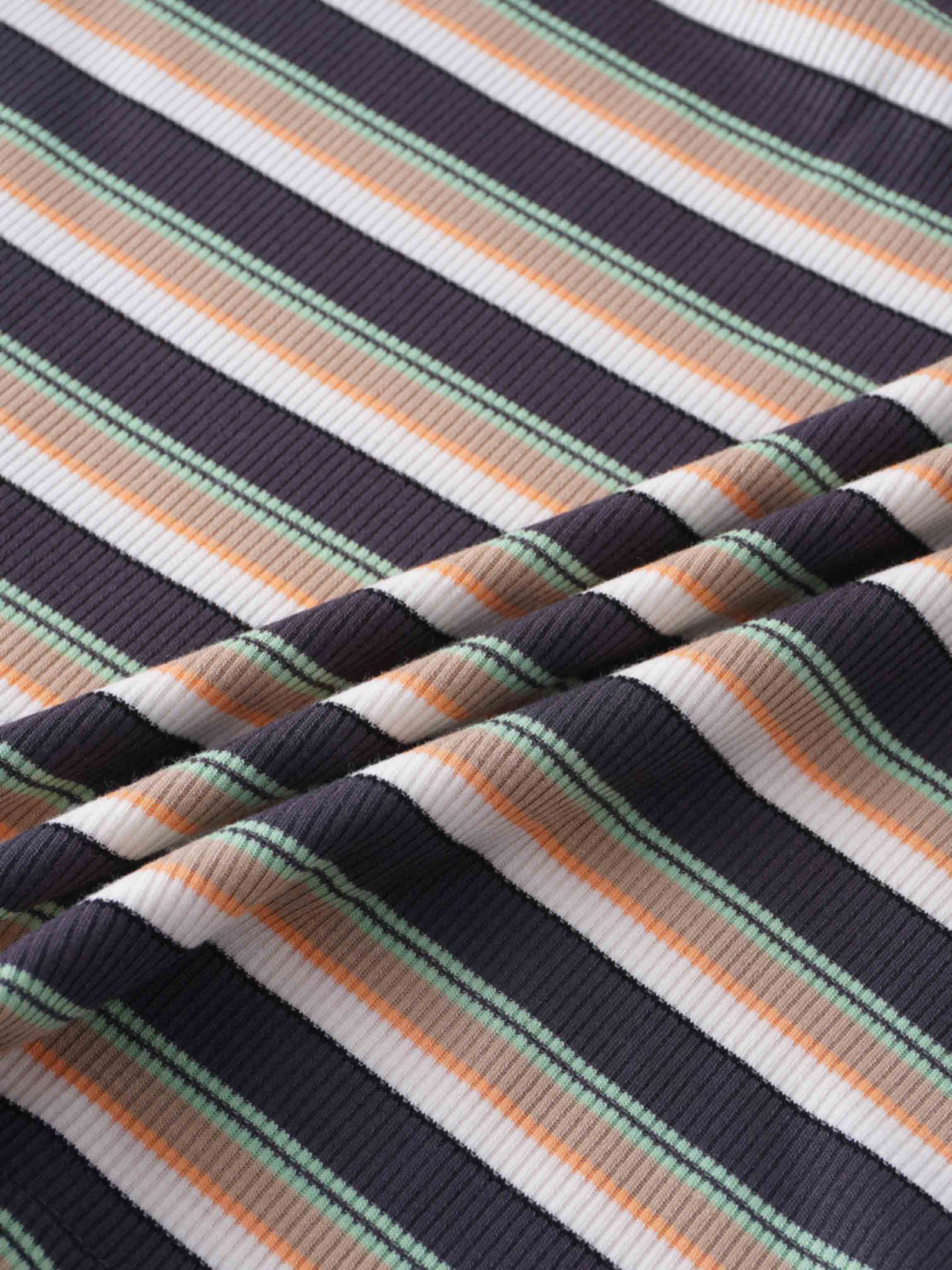 Ribbed Striped Crew 3/4 Sleeve-Brown/Ivory