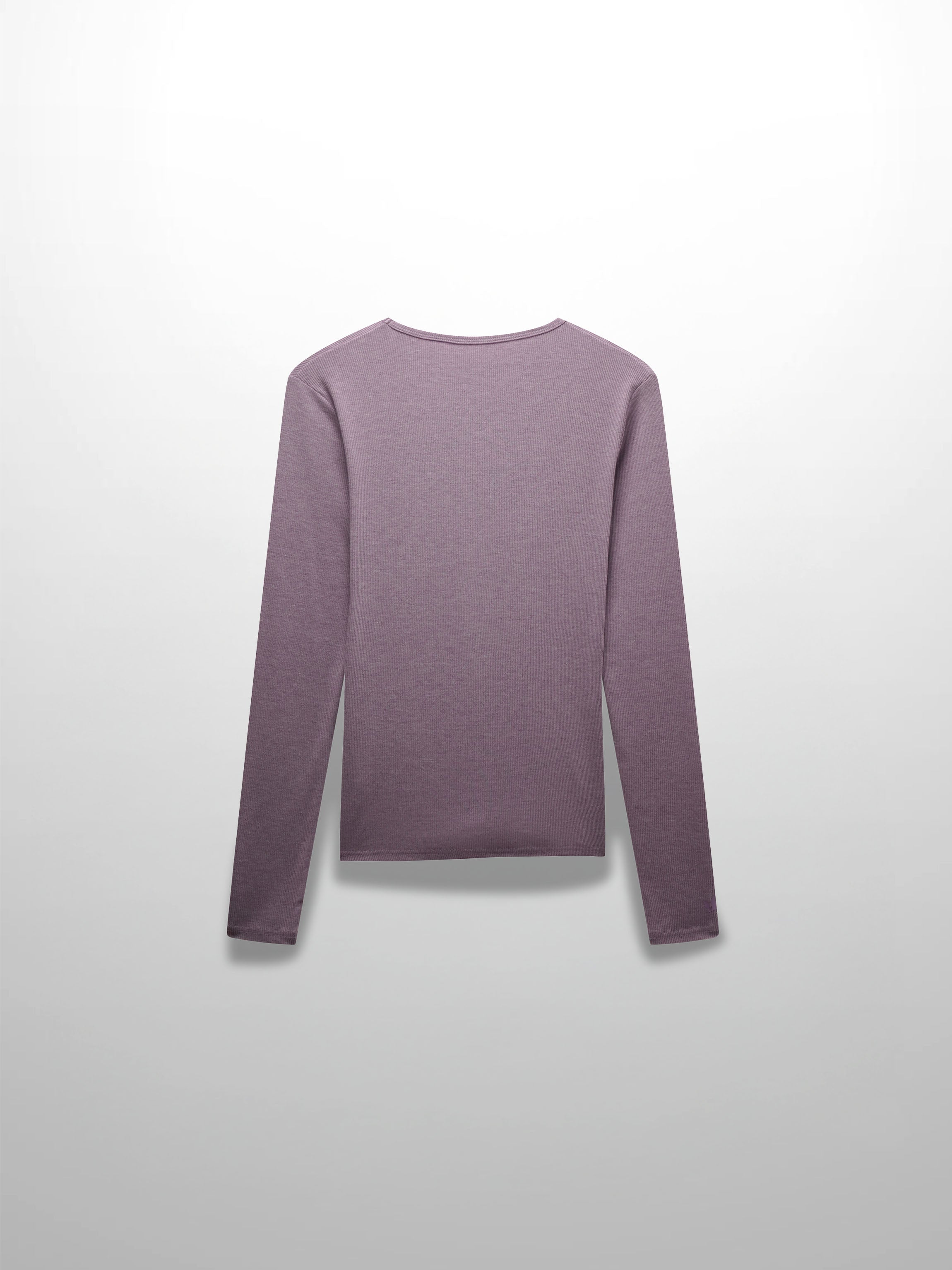 This is a full, front view of the long-sleeved, lavender-colored ribbed shirt. The garment is laid out flat against a white background.