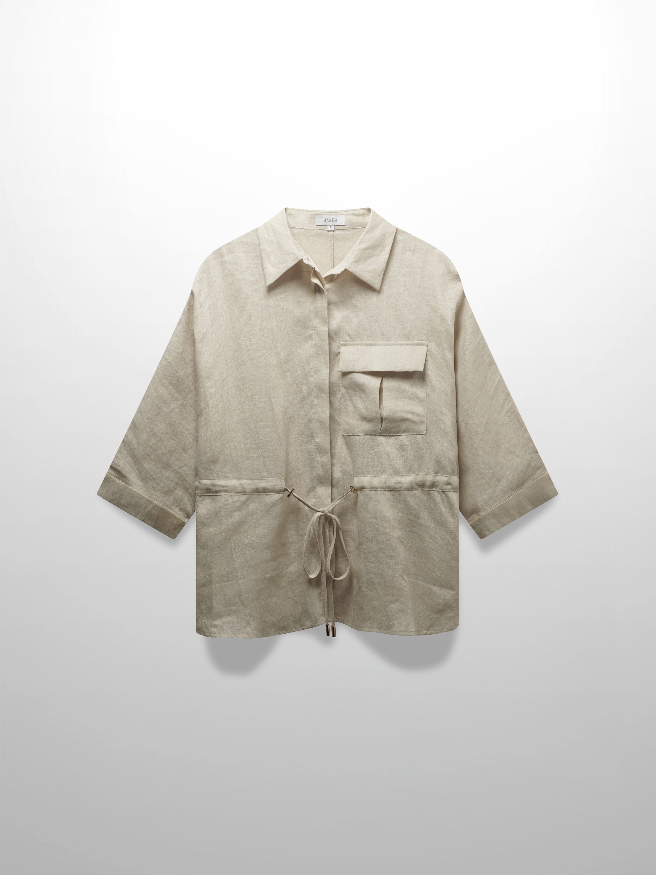 Drawstring Button Down Linen Top-Ecru