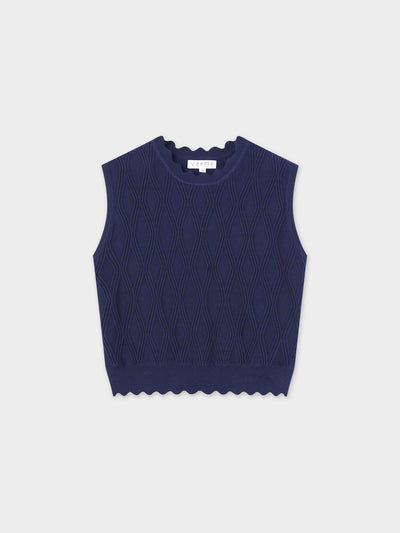 Scalloped Sleeveless Crew Neck Sweater-Blue