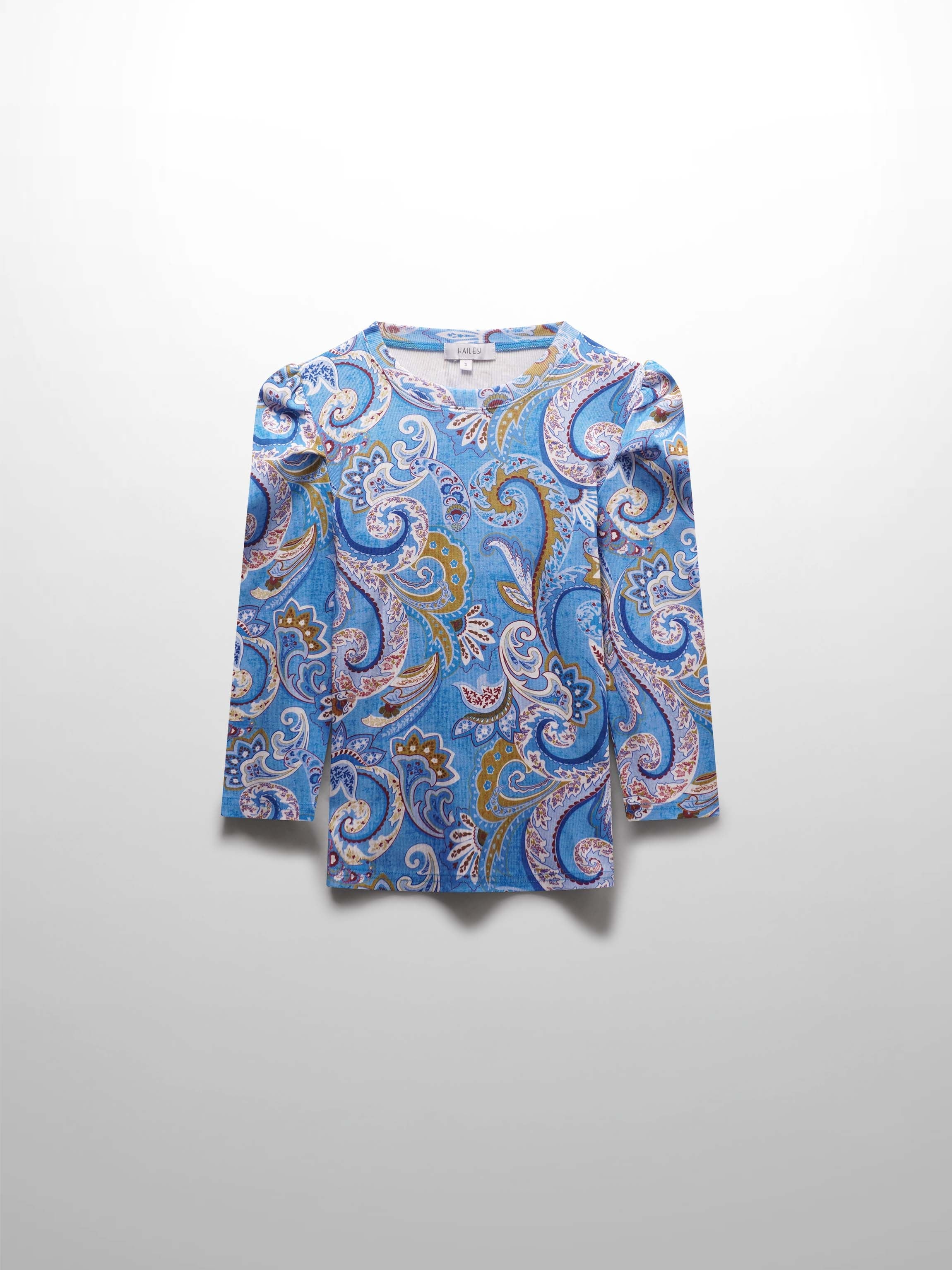 Ribbed Crew Neck Puff Sleeve Top-Light Blue Paisley