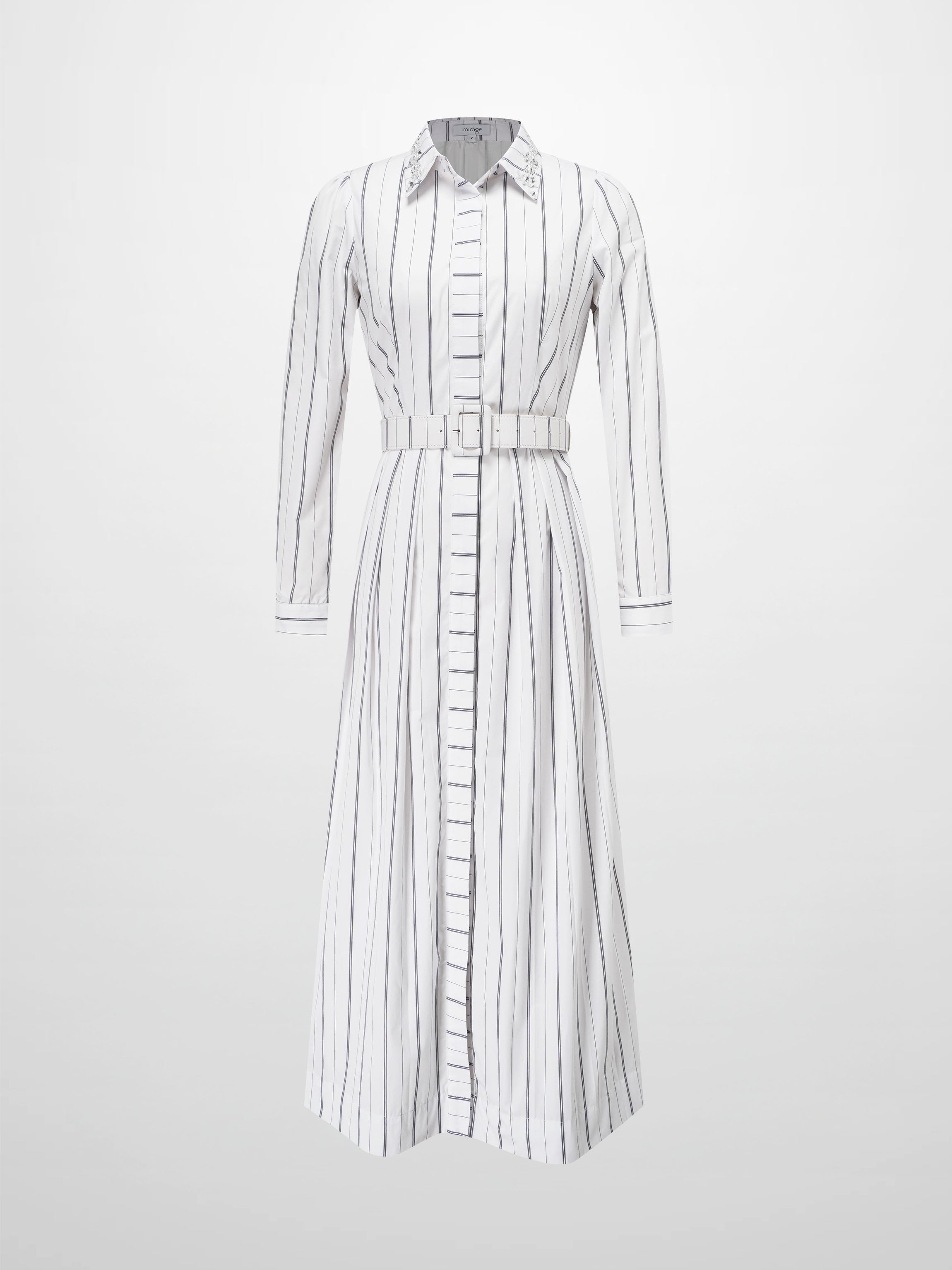 Jeweled Collar Belted Shirtdress-White Pinstripe