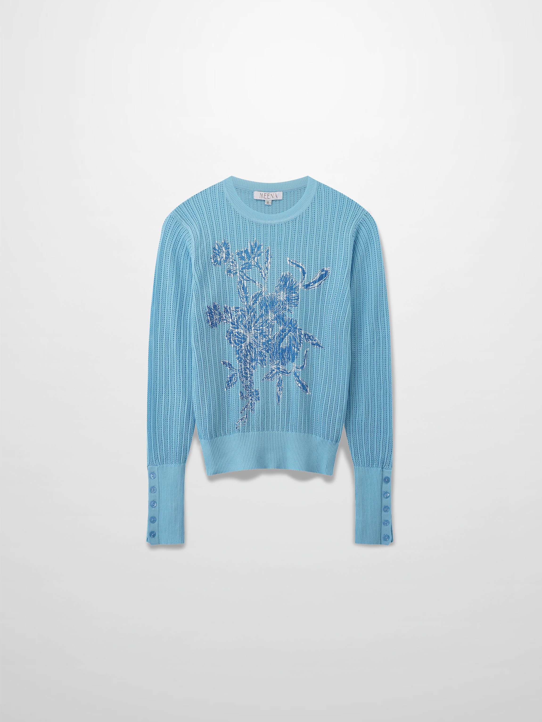 Printed Pointelle Sweater-Light Blue