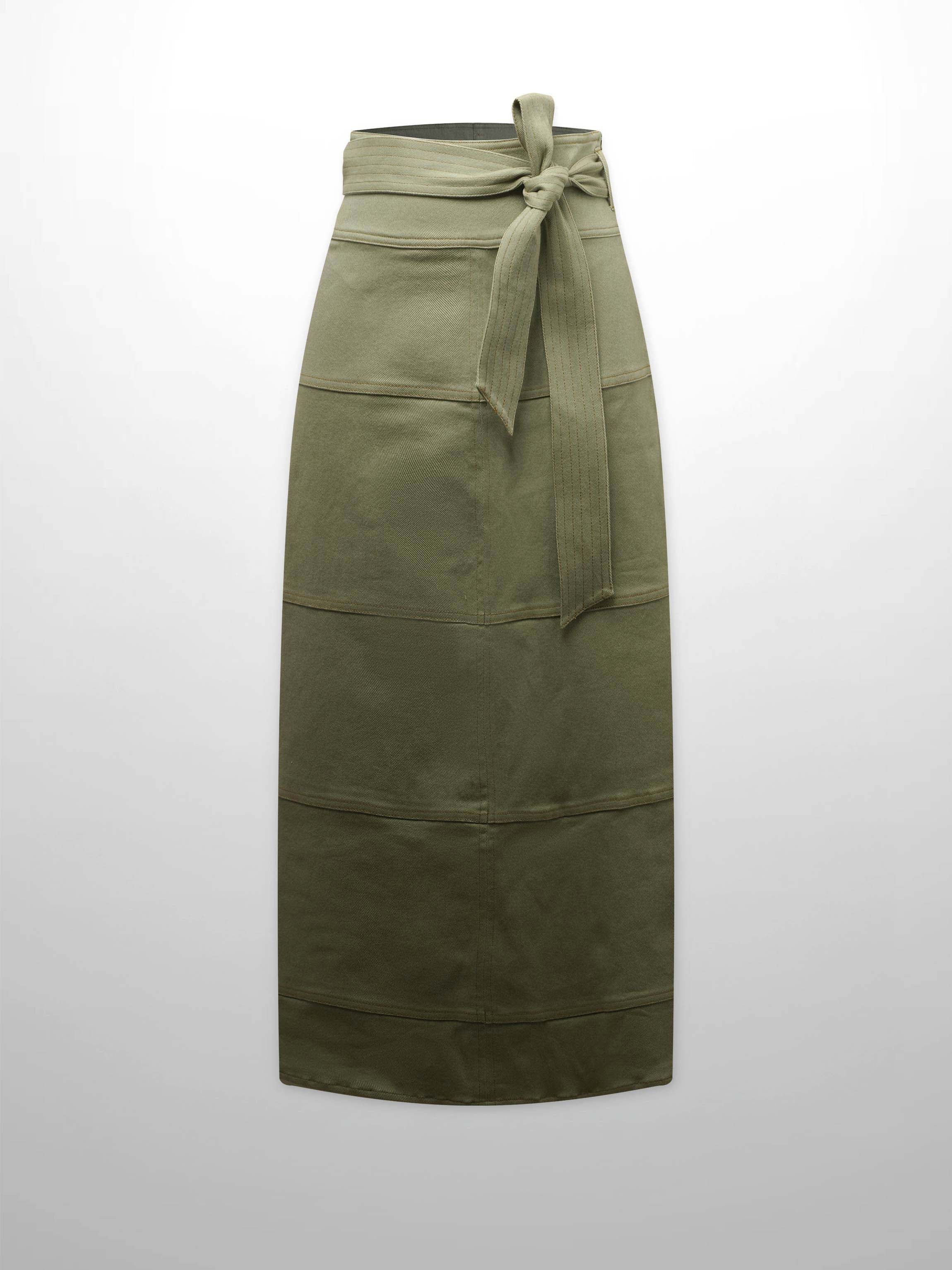 Stitched Tiered Belted Denim Skirt-Sage Green