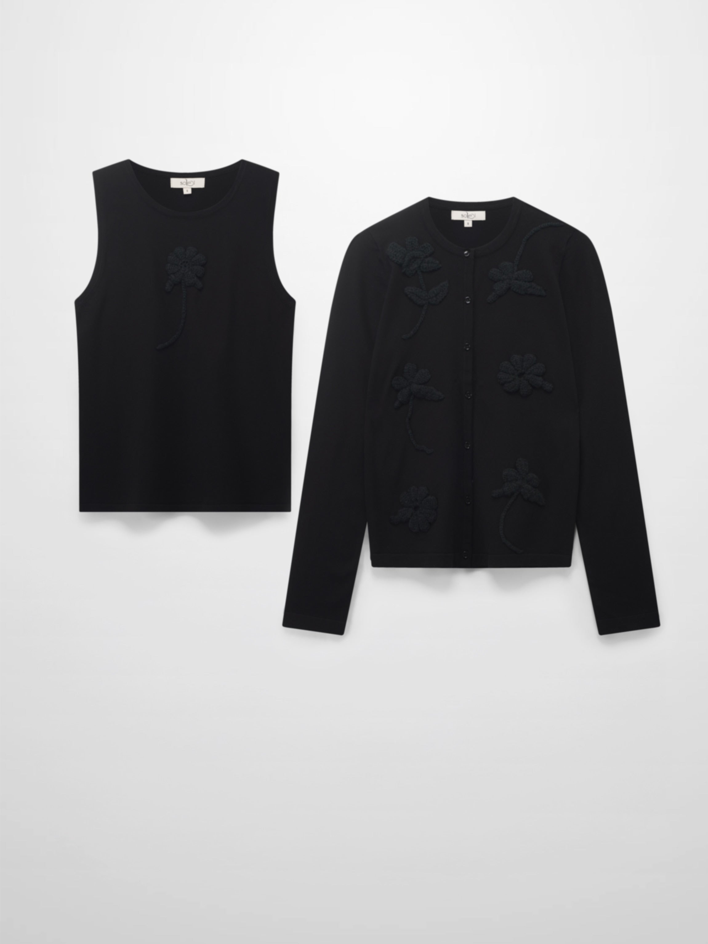 Crochet Puff Flower Sweater Set-Black