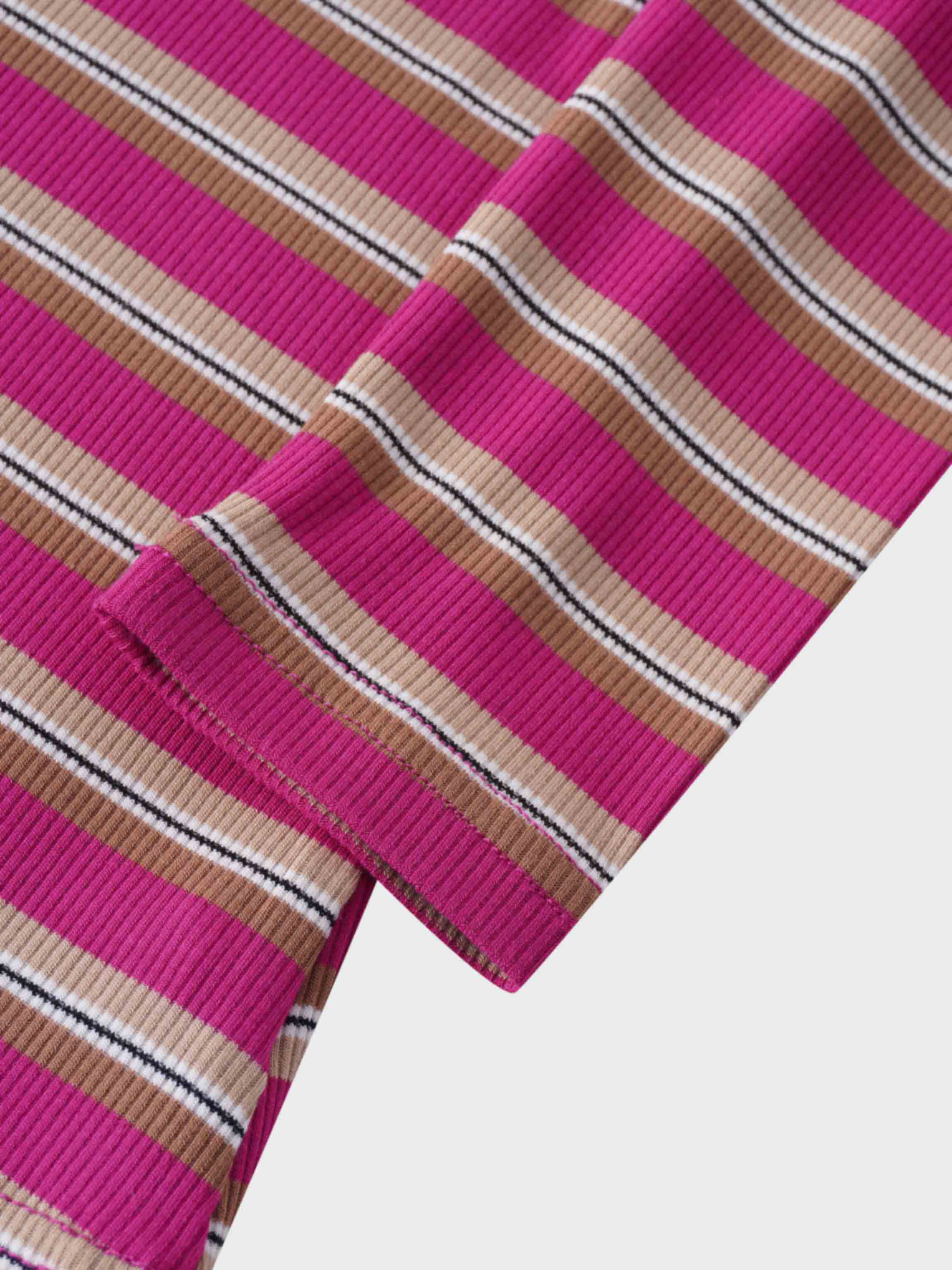 Multi Striped Ribbed Crew-Hot Pink/Tan