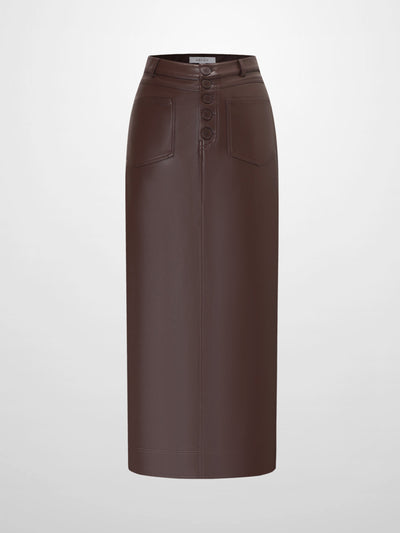 Front Pocket Straight Faux Leather Skirt-Brown