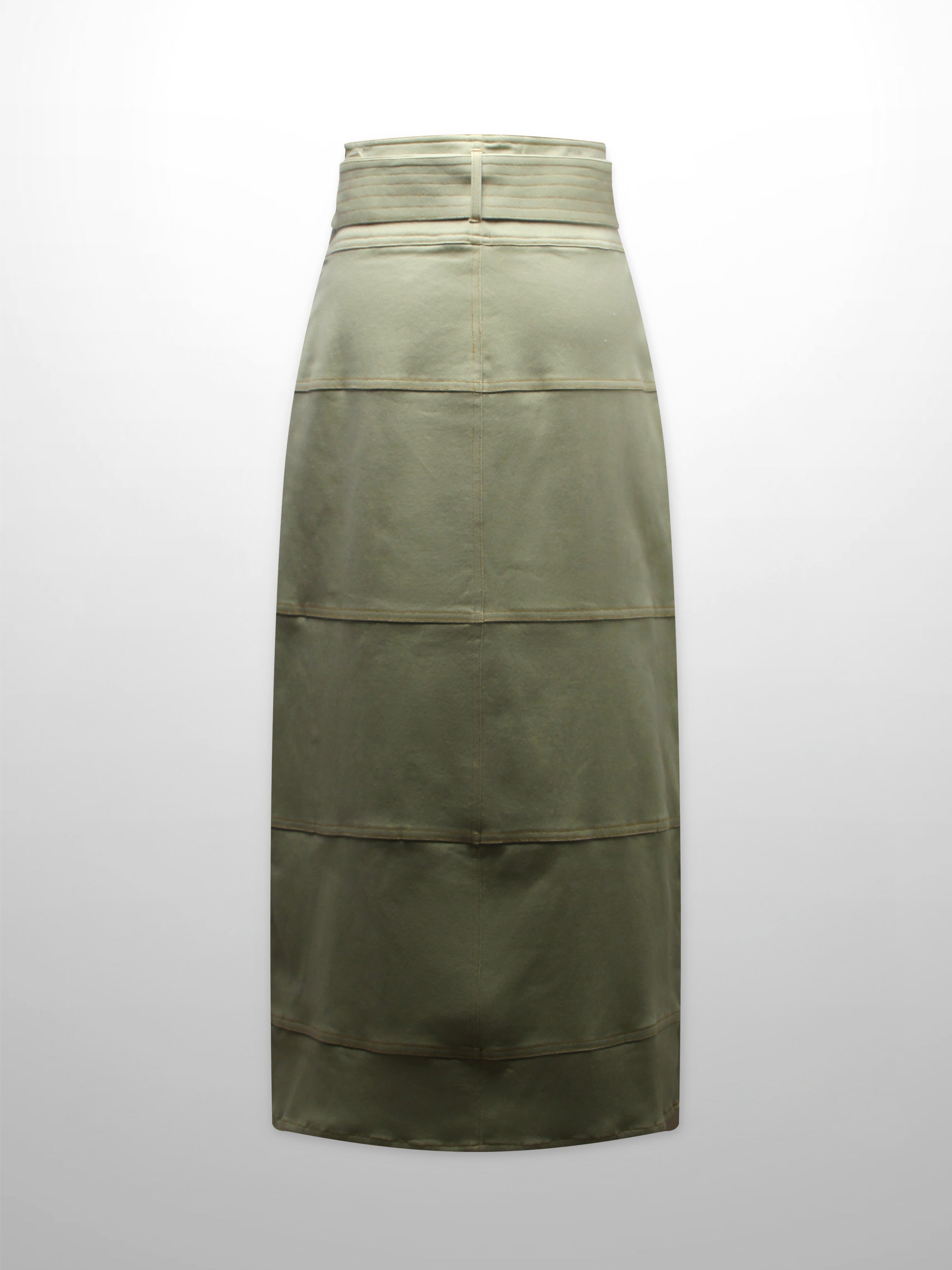 Stitched Tiered Belted Denim Skirt-Sage Green