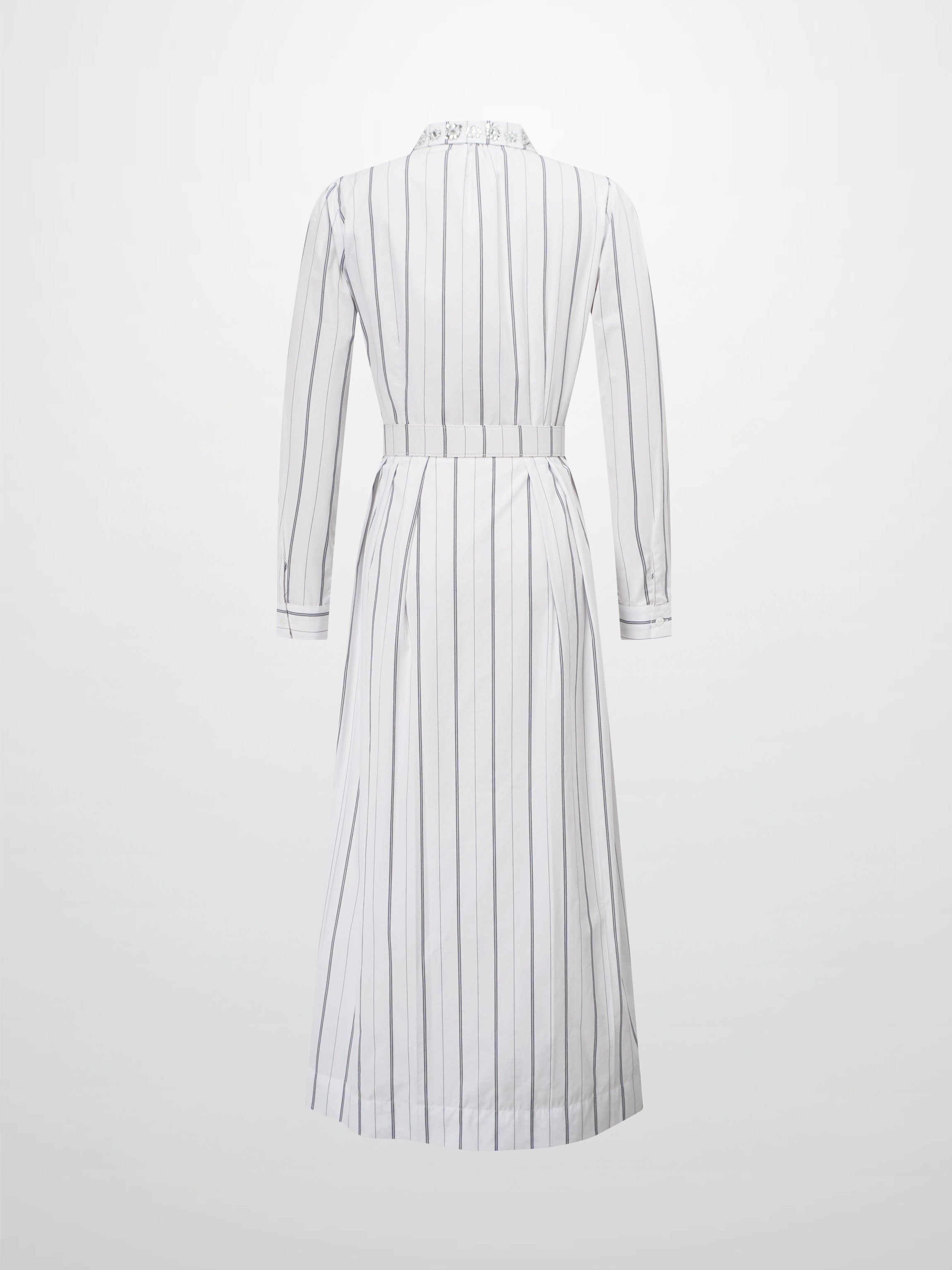 Jeweled Collar Belted Shirtdress-White Pinstripe