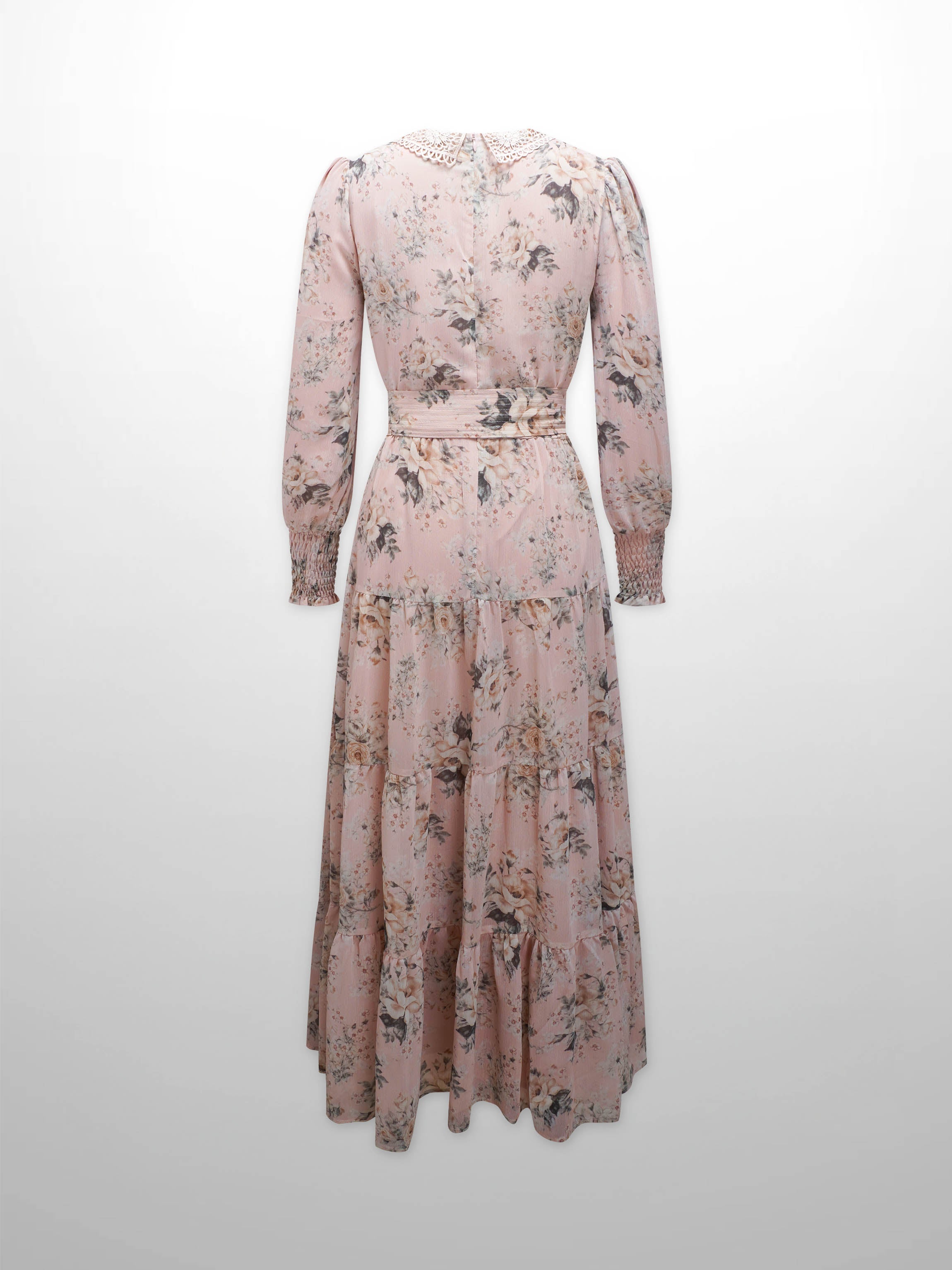 Collared Belted Tiered Dress-Vintage Floral