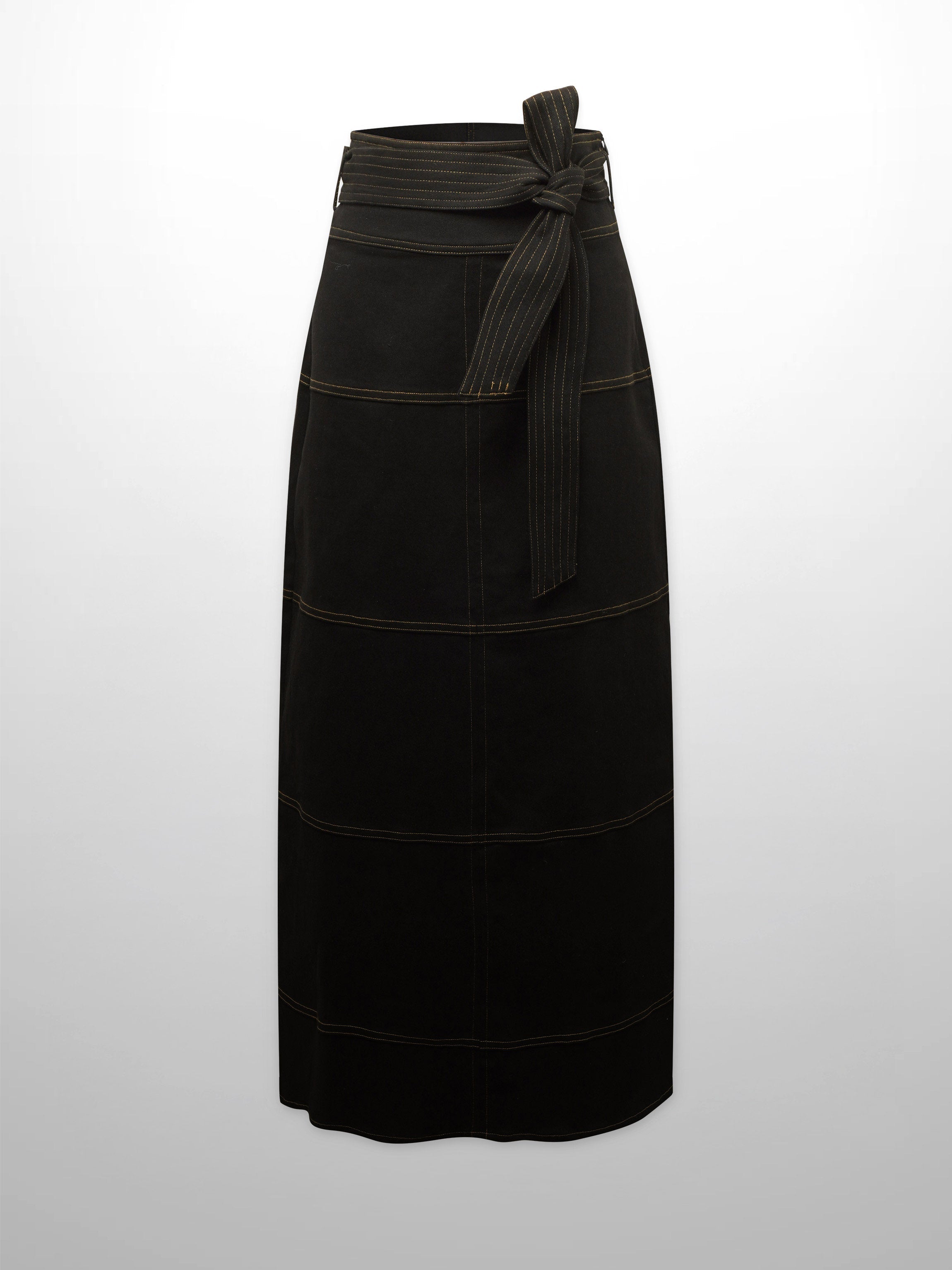 Stitched Tiered Belted Denim Skirt-Black