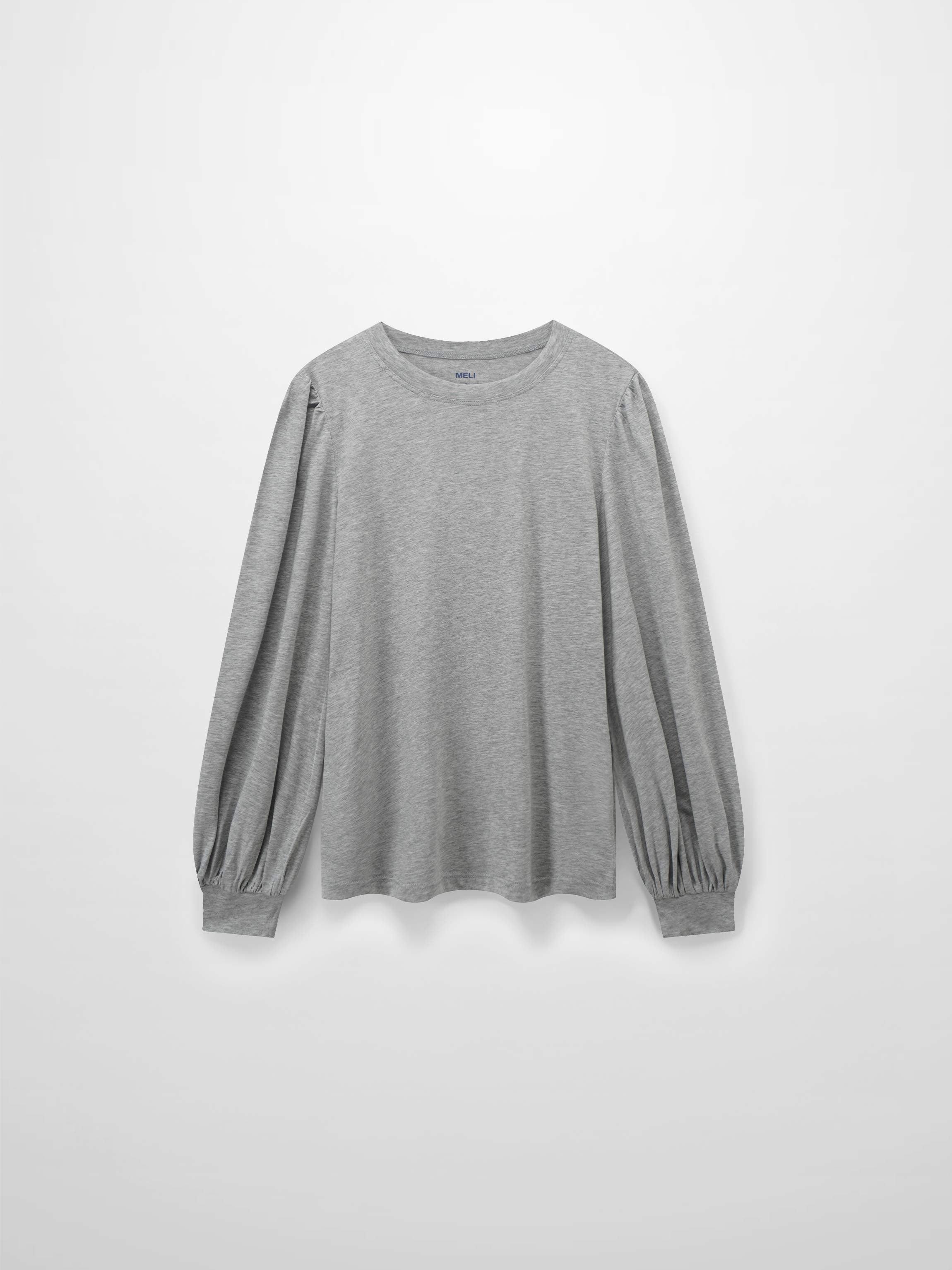 A full, front view of the long-sleeved, heather gray shirt. It features the same design as the previous tops, with puffed shoulders and voluminous sleeves that gather into fitted cuffs.