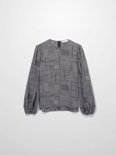 Houndstooth Blouson Sleeve Blouse-Black