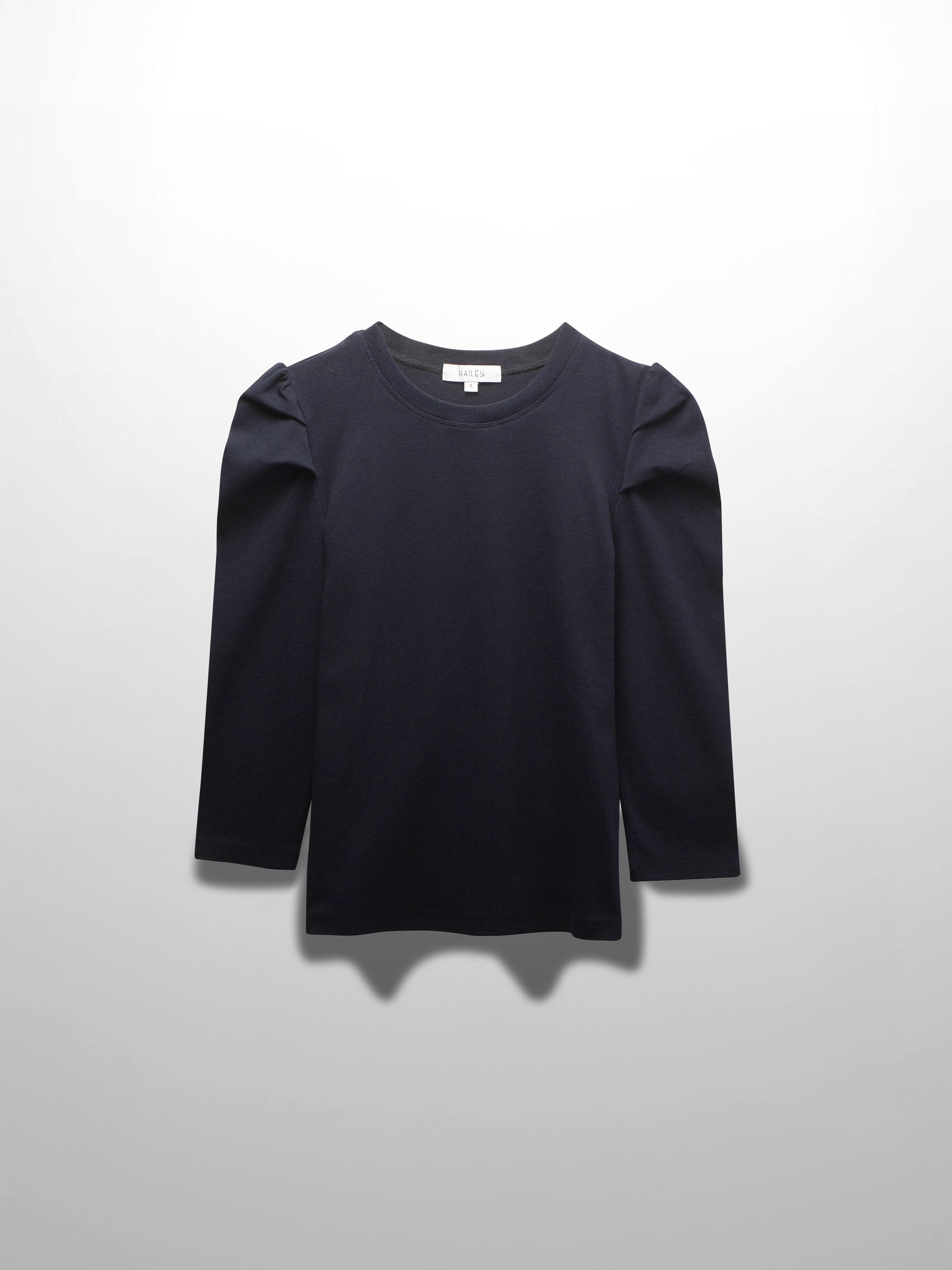 Ribbed Crew Neck Puff Sleeve Top-Navy