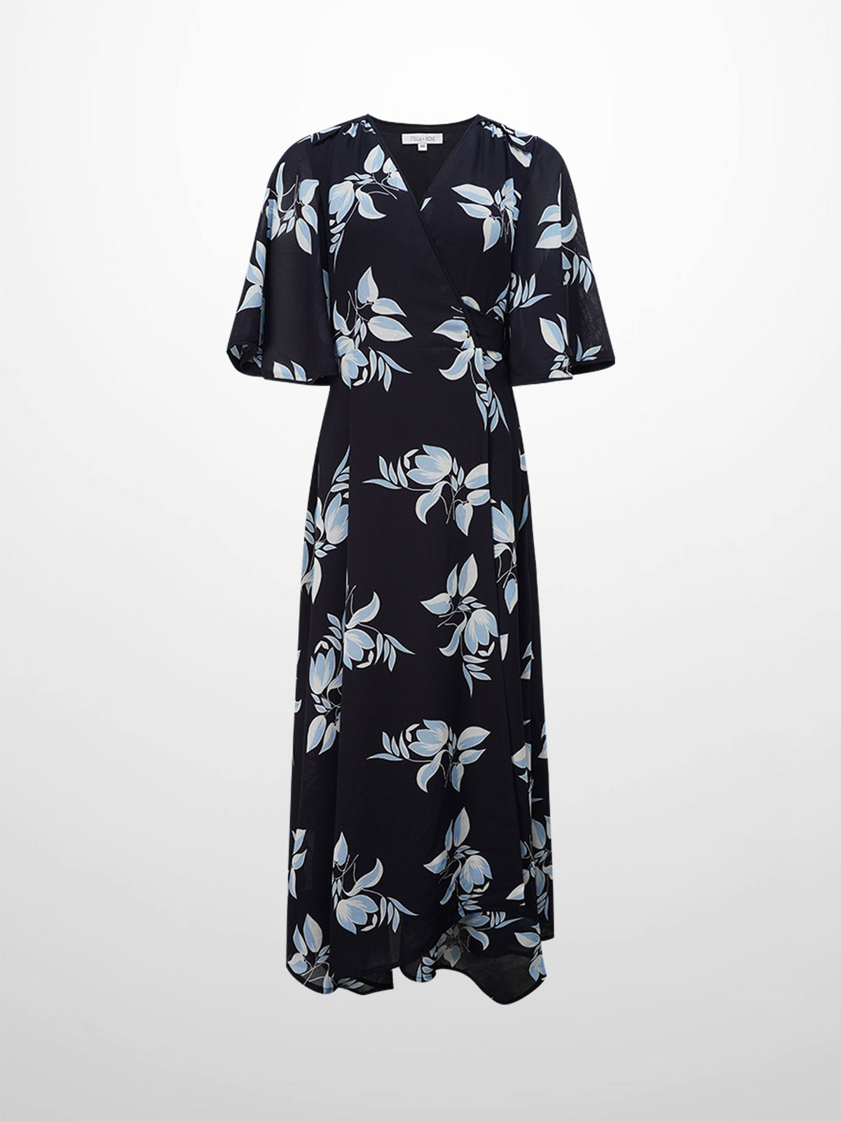 Flutter Sleeve Wrap Dress-Blue Flower