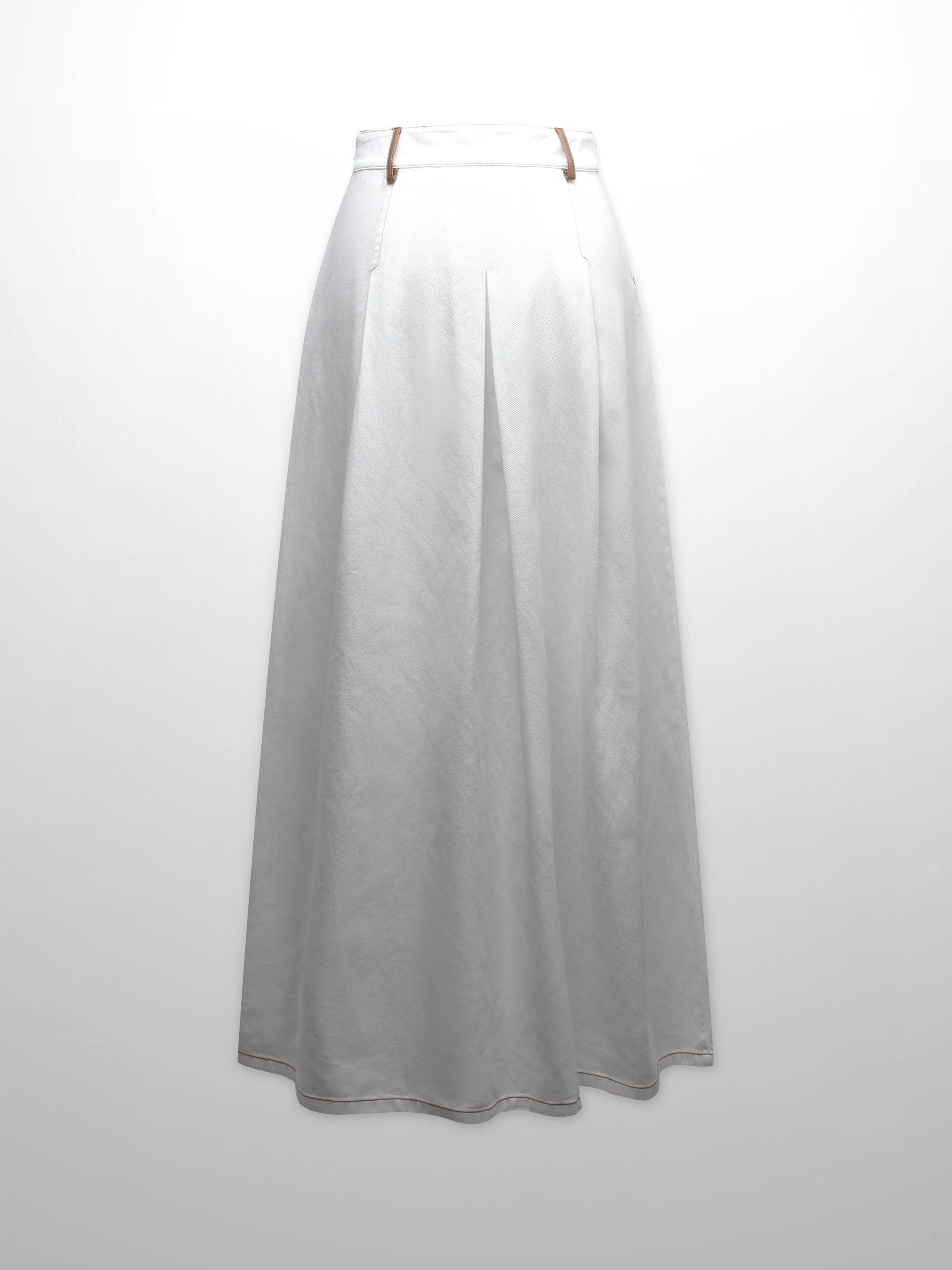 Leather Trim Denim Skirt-White