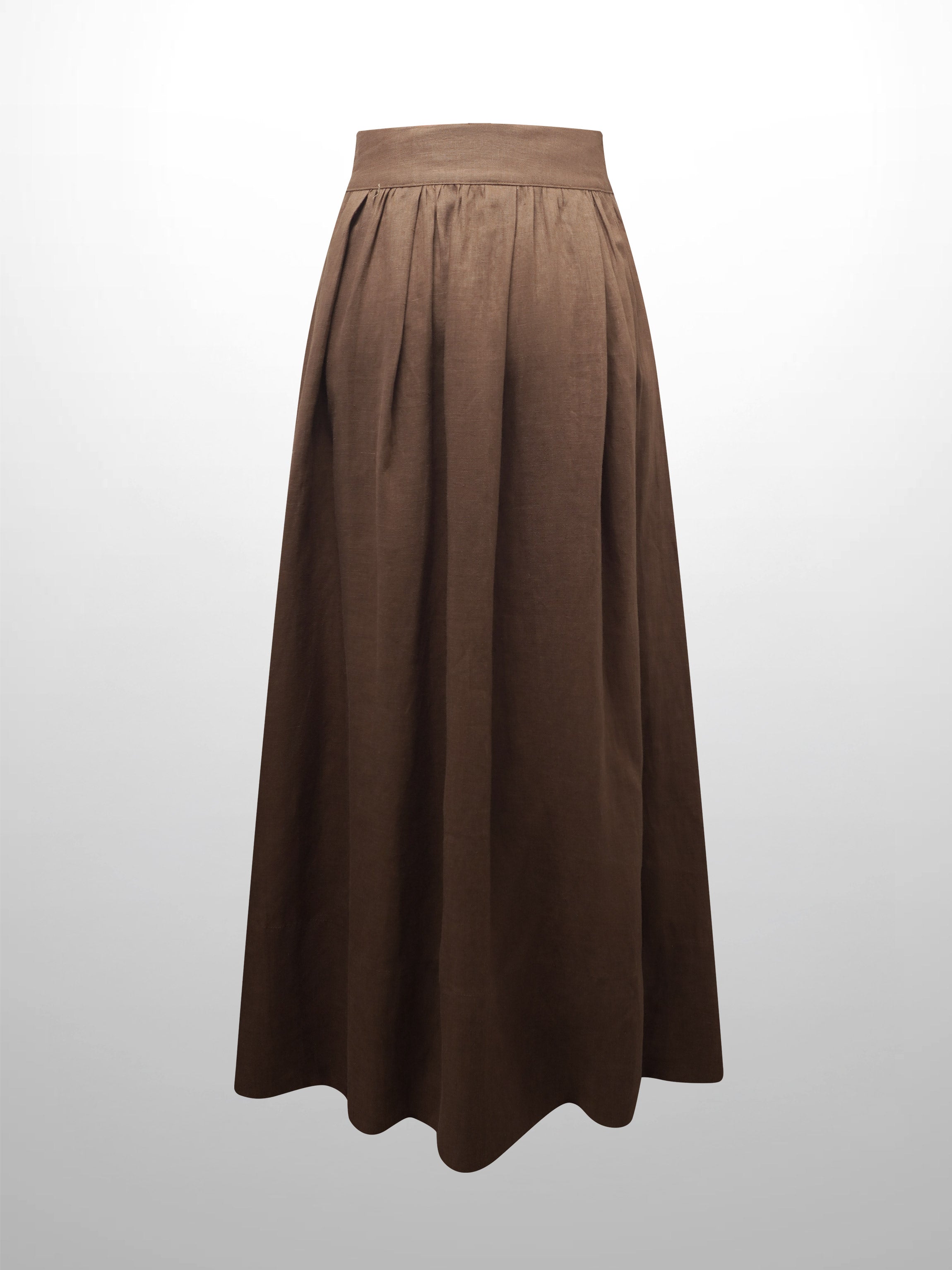 Gathered Waist Linen Skirt-Brown