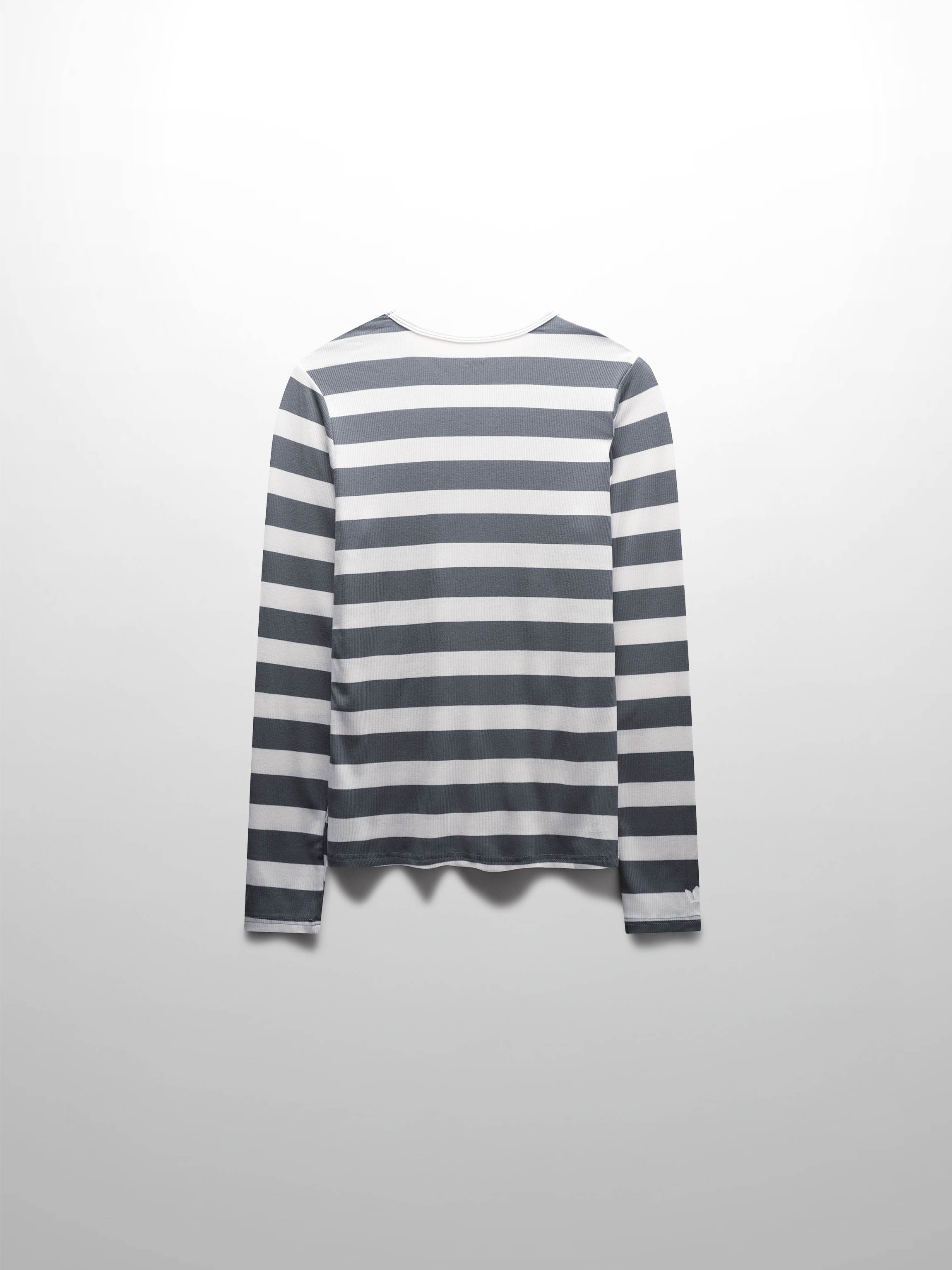 Ribbed Striped High V Tee Long Sleeve-Teal/Ivory