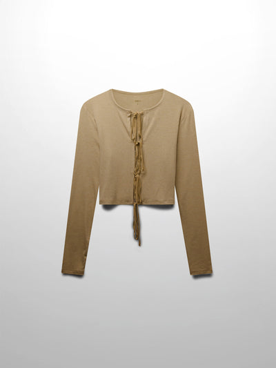 Ribbed Crop Bow Cardigan-Heathered Oatmeal