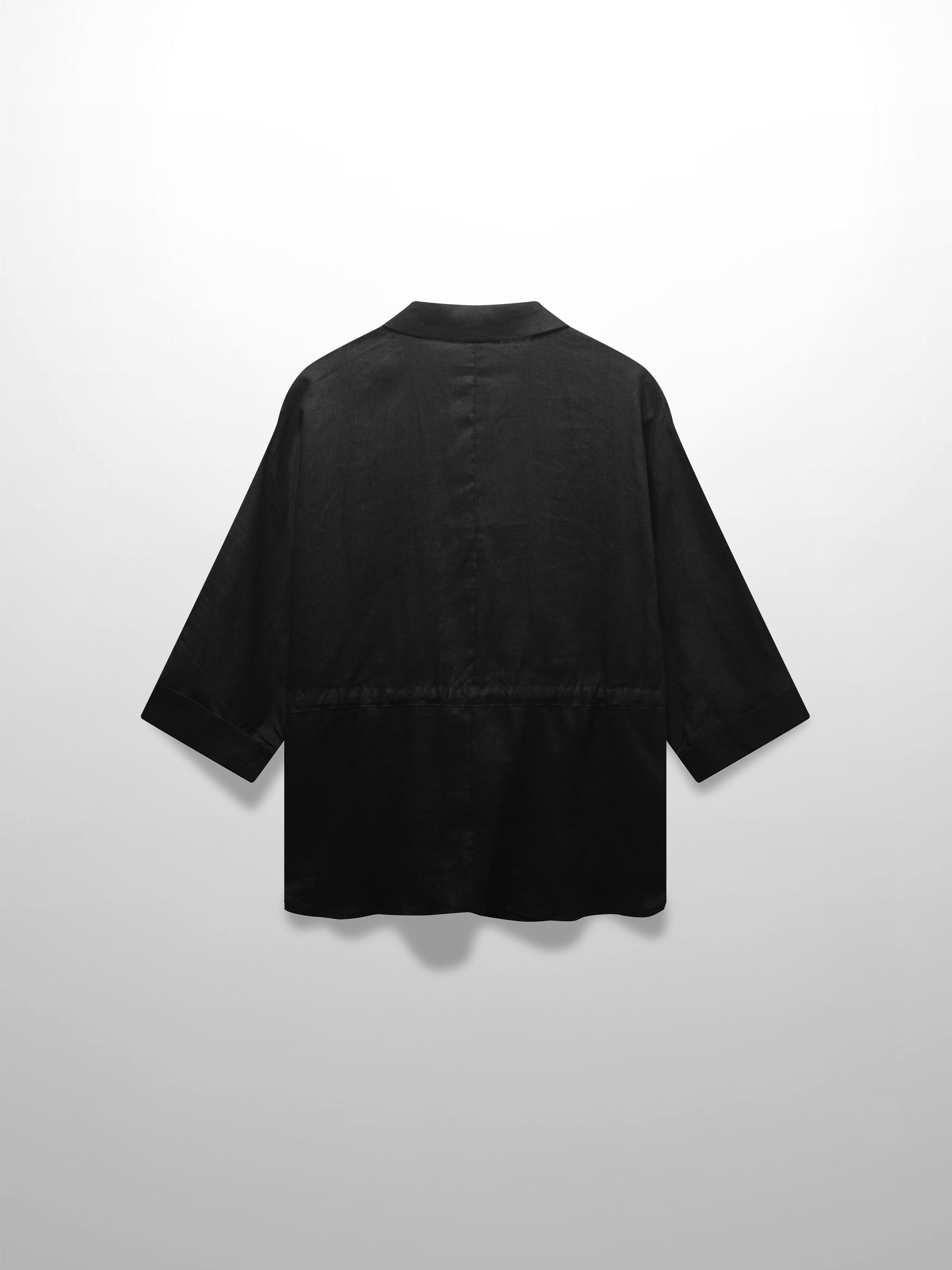 Drawstring Button Down Linen Top-Black