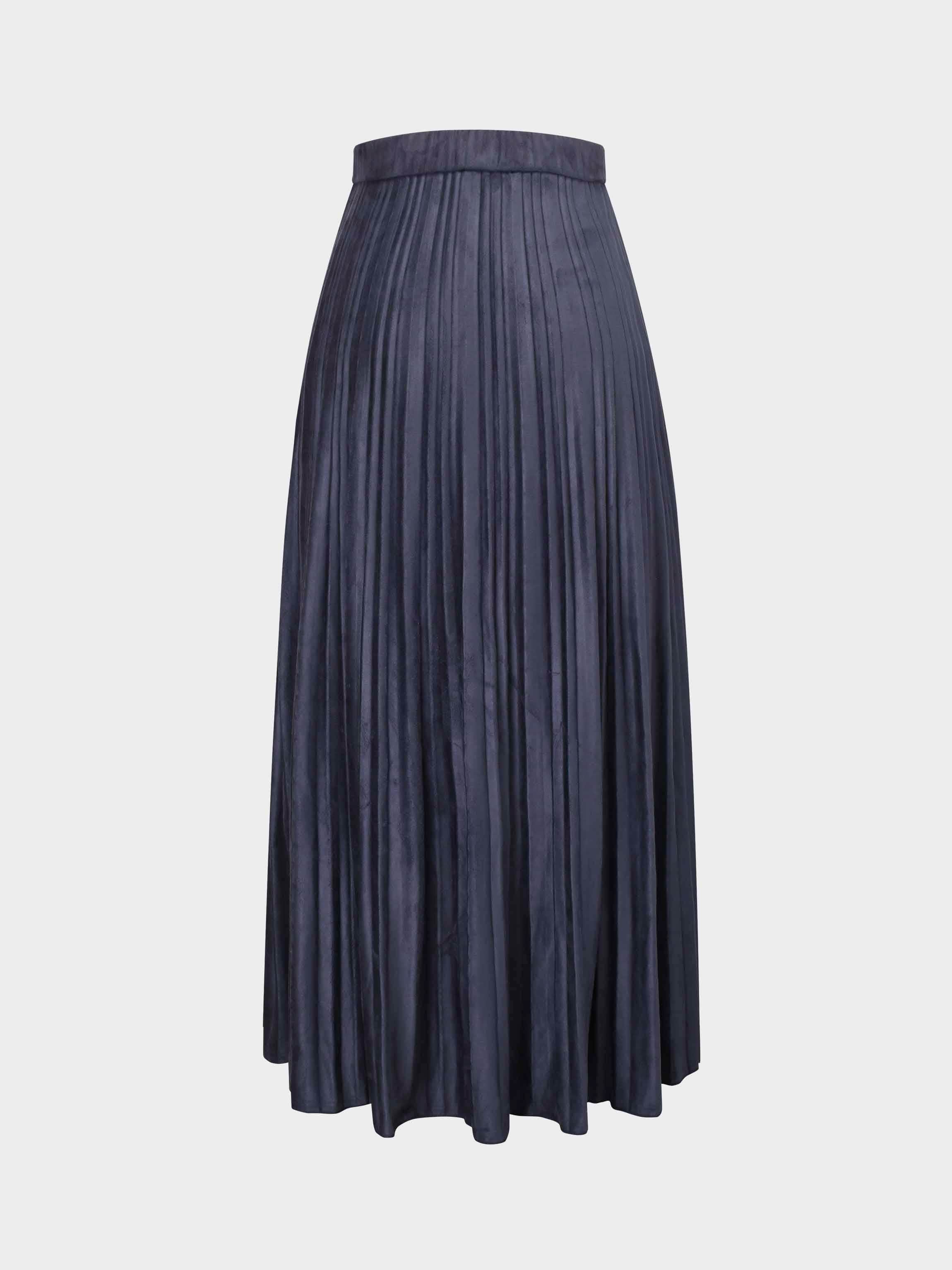 Pleated Faux Suede Skirt 37"-Navy