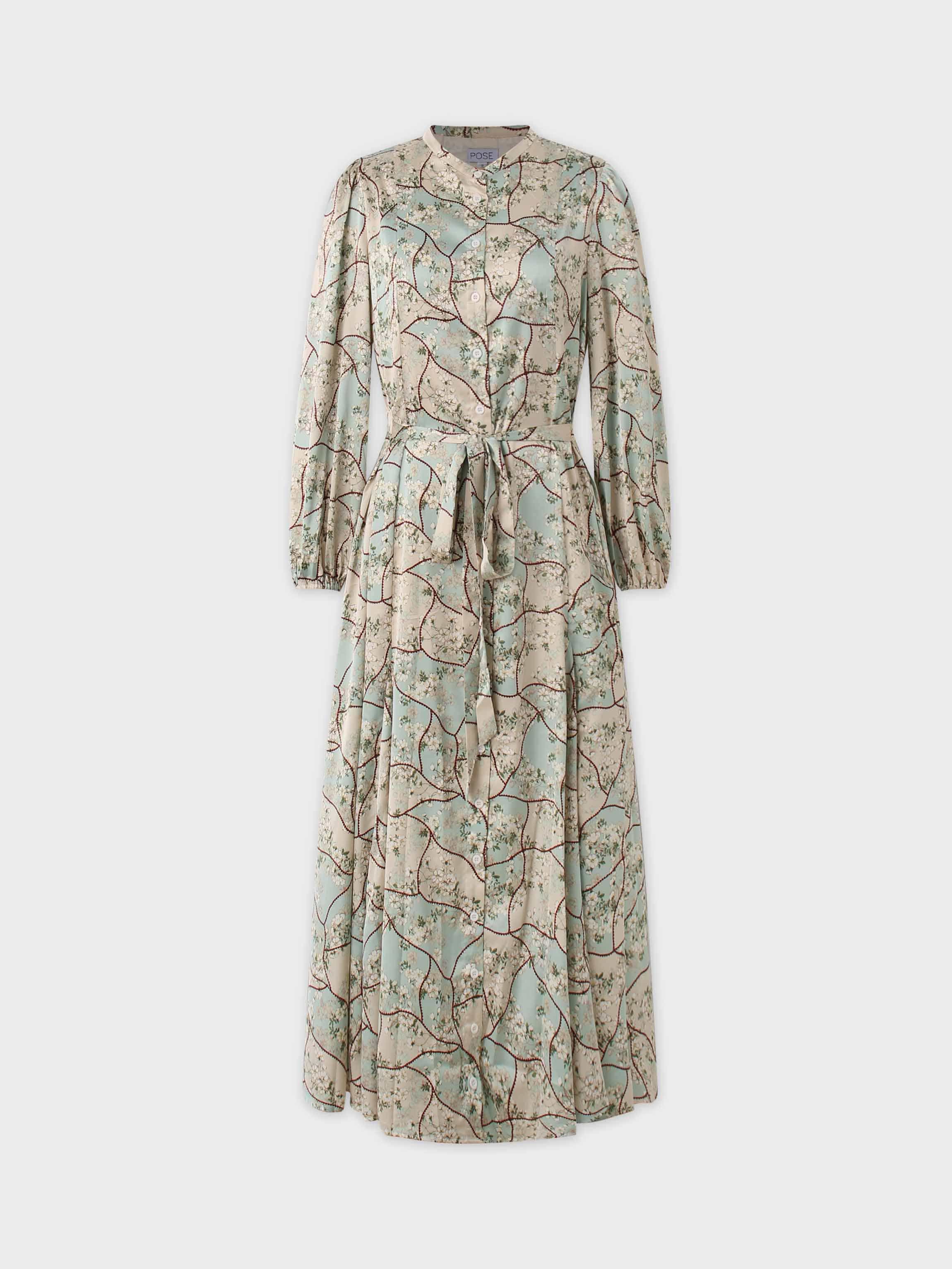 Button Down Flare Dress-Mint Floral Patchwork