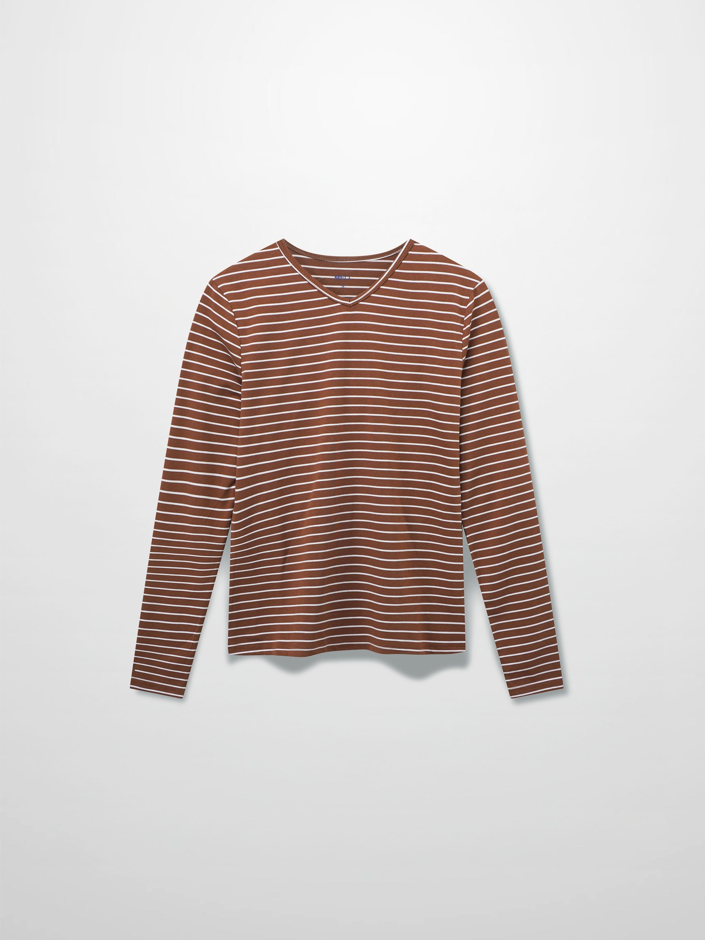 Flat Striped High V Long Sleeve-Brown/White