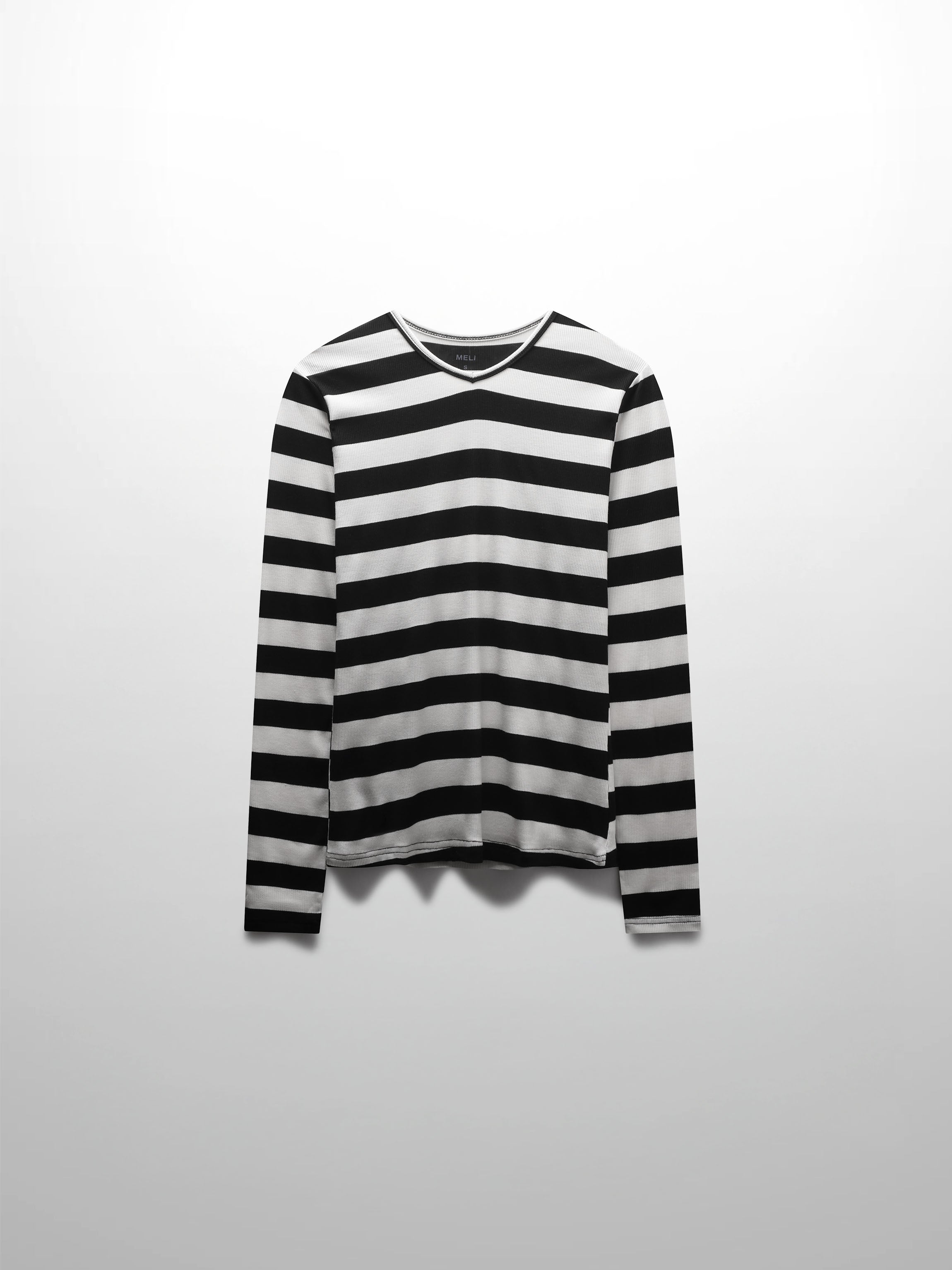 Ribbed Striped High V Tee Long Sleeve-White/Black