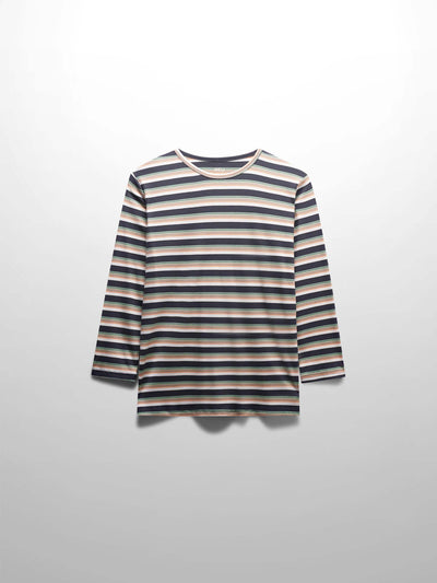 Ribbed Striped Crew 3/4 Sleeve-Brown/Ivory