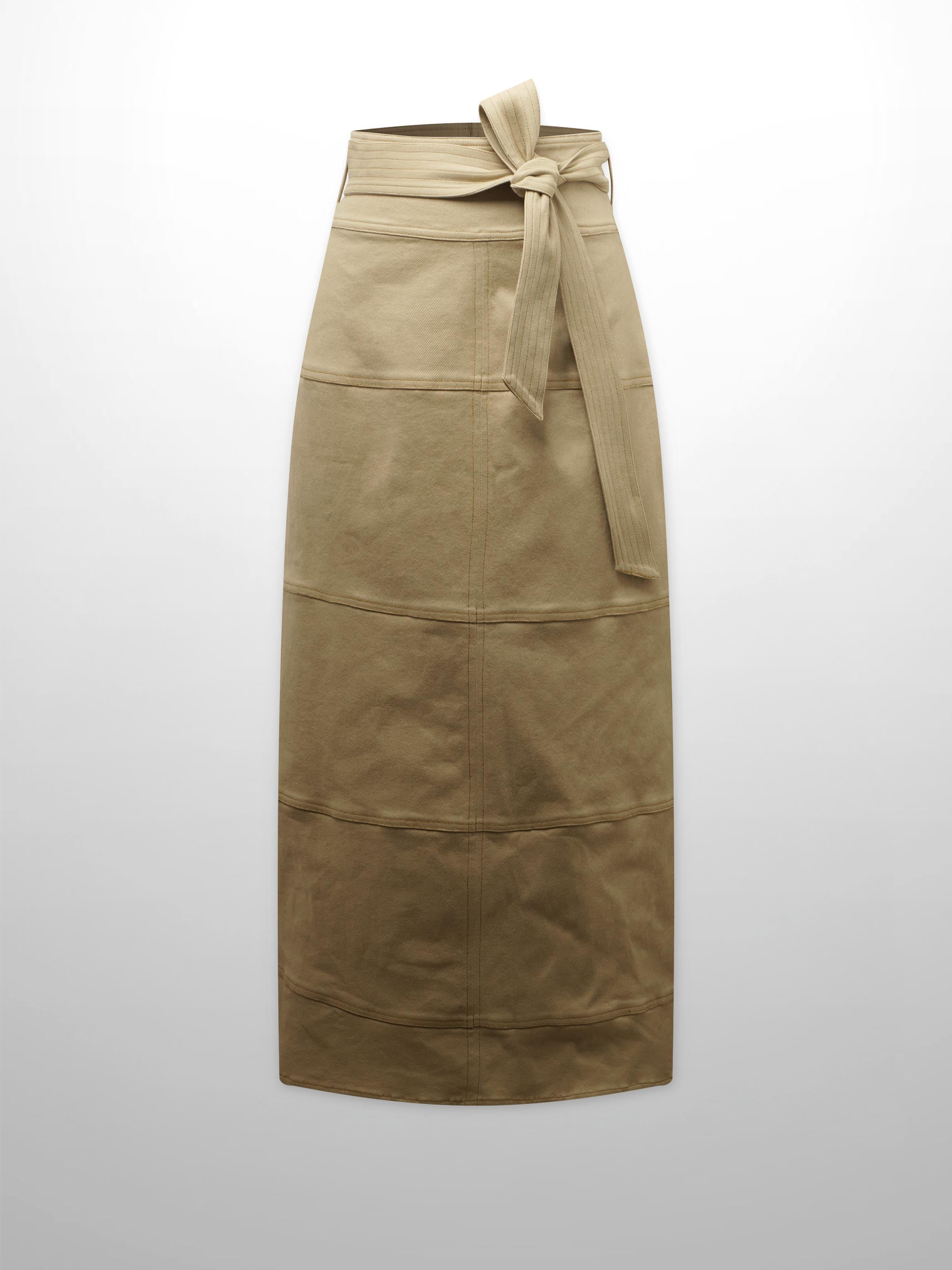 Stitched Tiered Belted Denim Skirt-Khaki